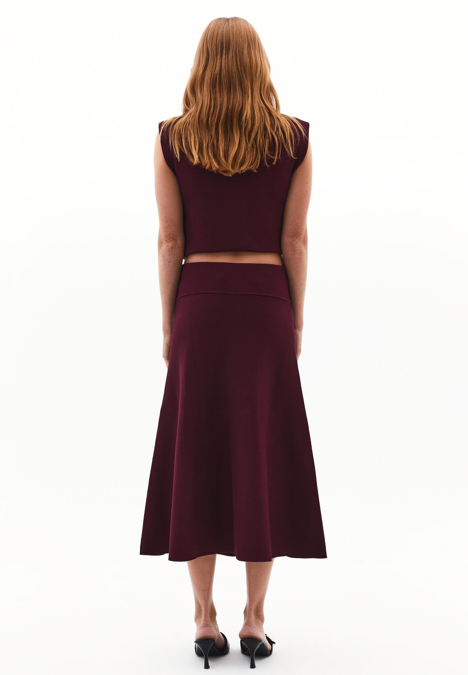 Long A-Line Skirt With Flounce Detail - CABERNET