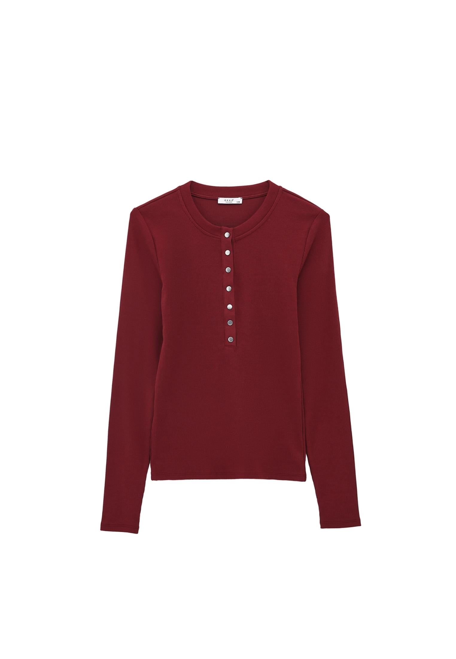 Long Sleeve Crew Neck Bodycon T-Shirt - CABERNET