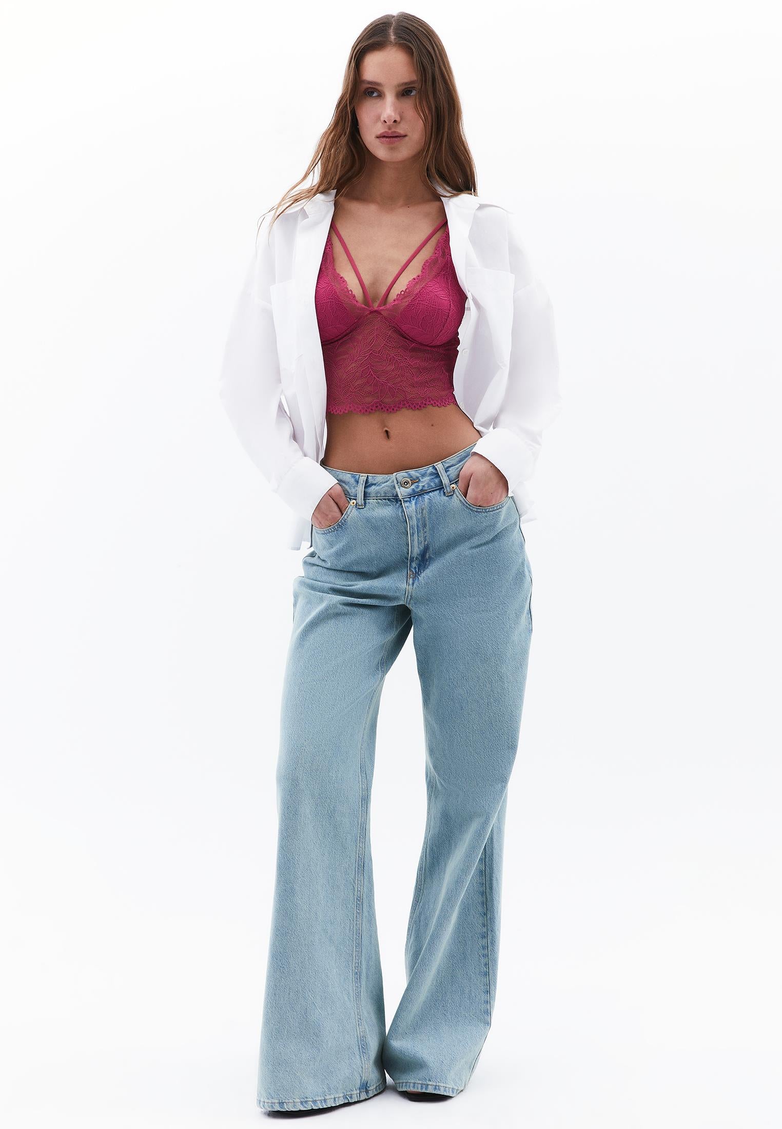 Short Women's Bustier With V Neckline And Piping - CACTUS FLOWER