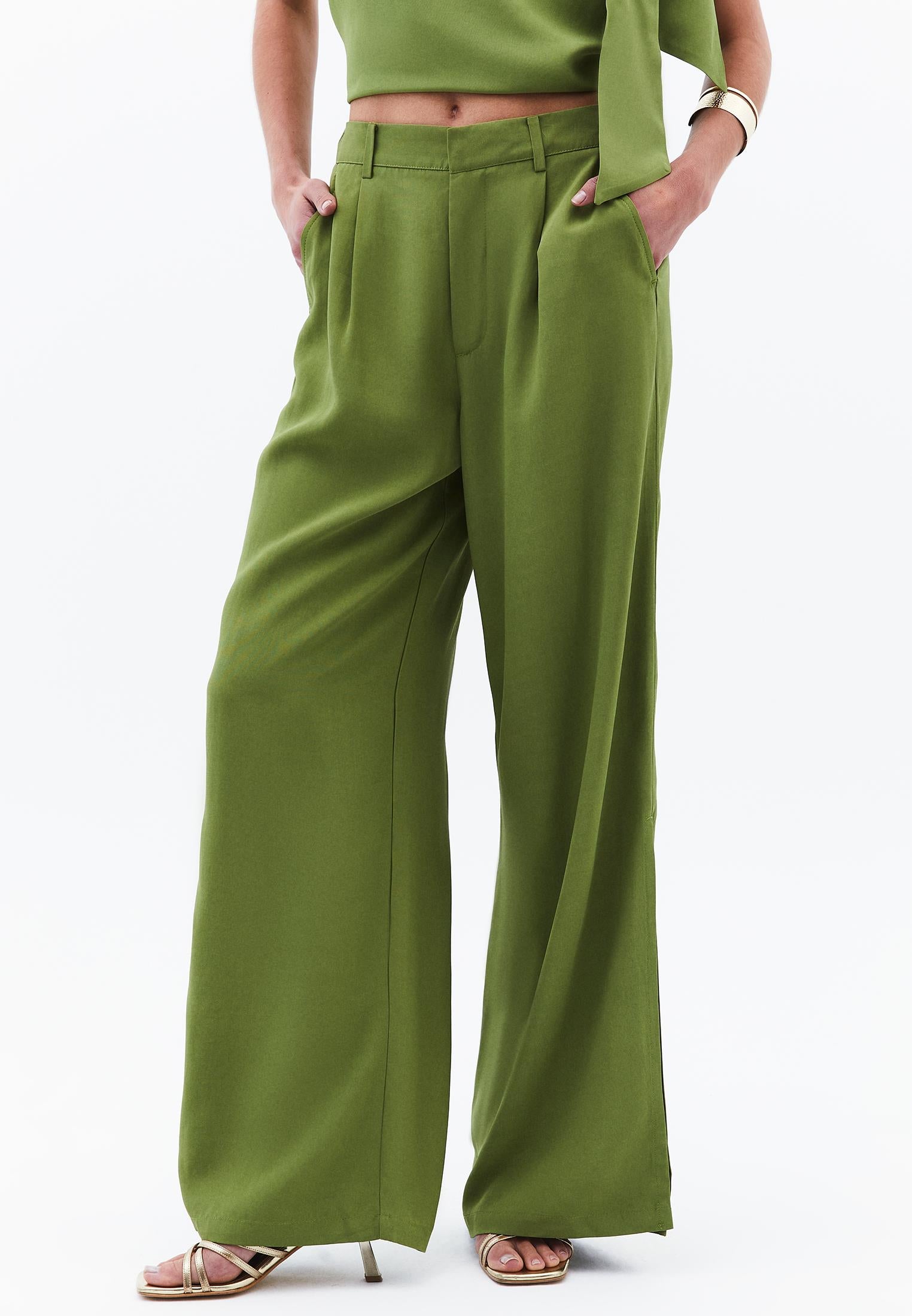 Long Wide Leg Slit Detailed Pants - CALLISTE GREEN