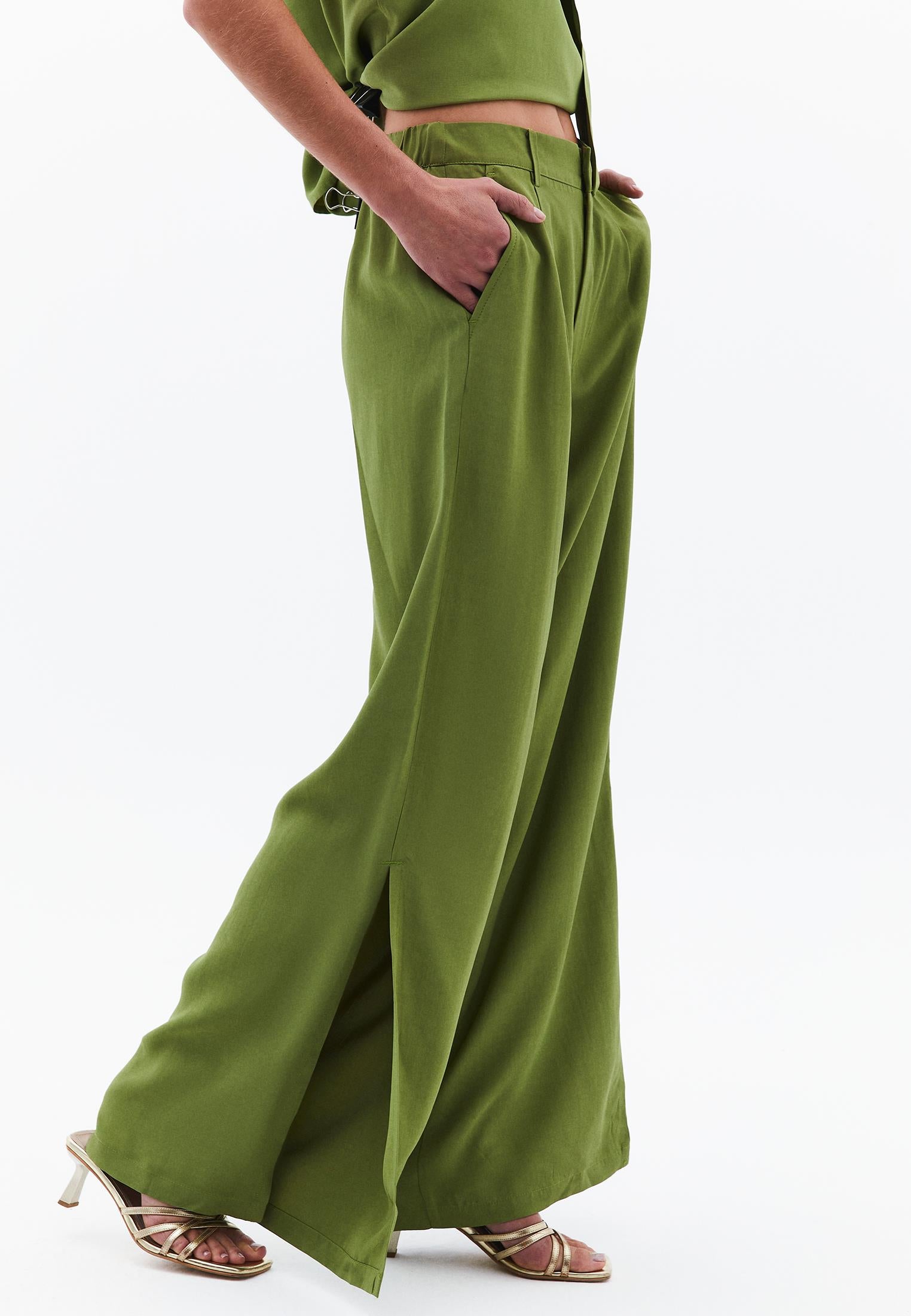 Long Wide Leg Slit Detailed Pants - CALLISTE GREEN