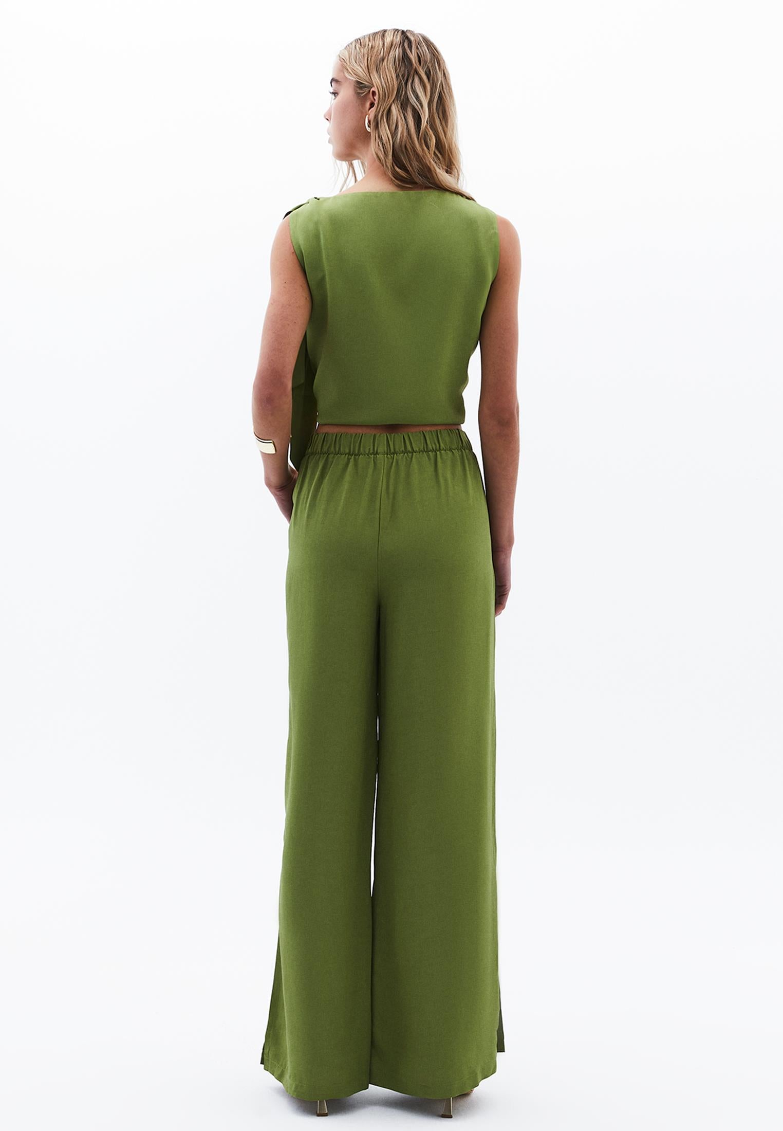 Long Wide Leg Slit Detailed Pants - CALLISTE GREEN