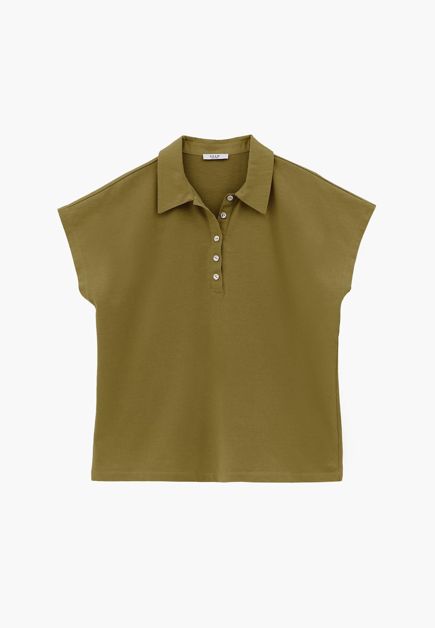 Button Detailed Polo Neck T-Shirt - CAPULET OLIVE