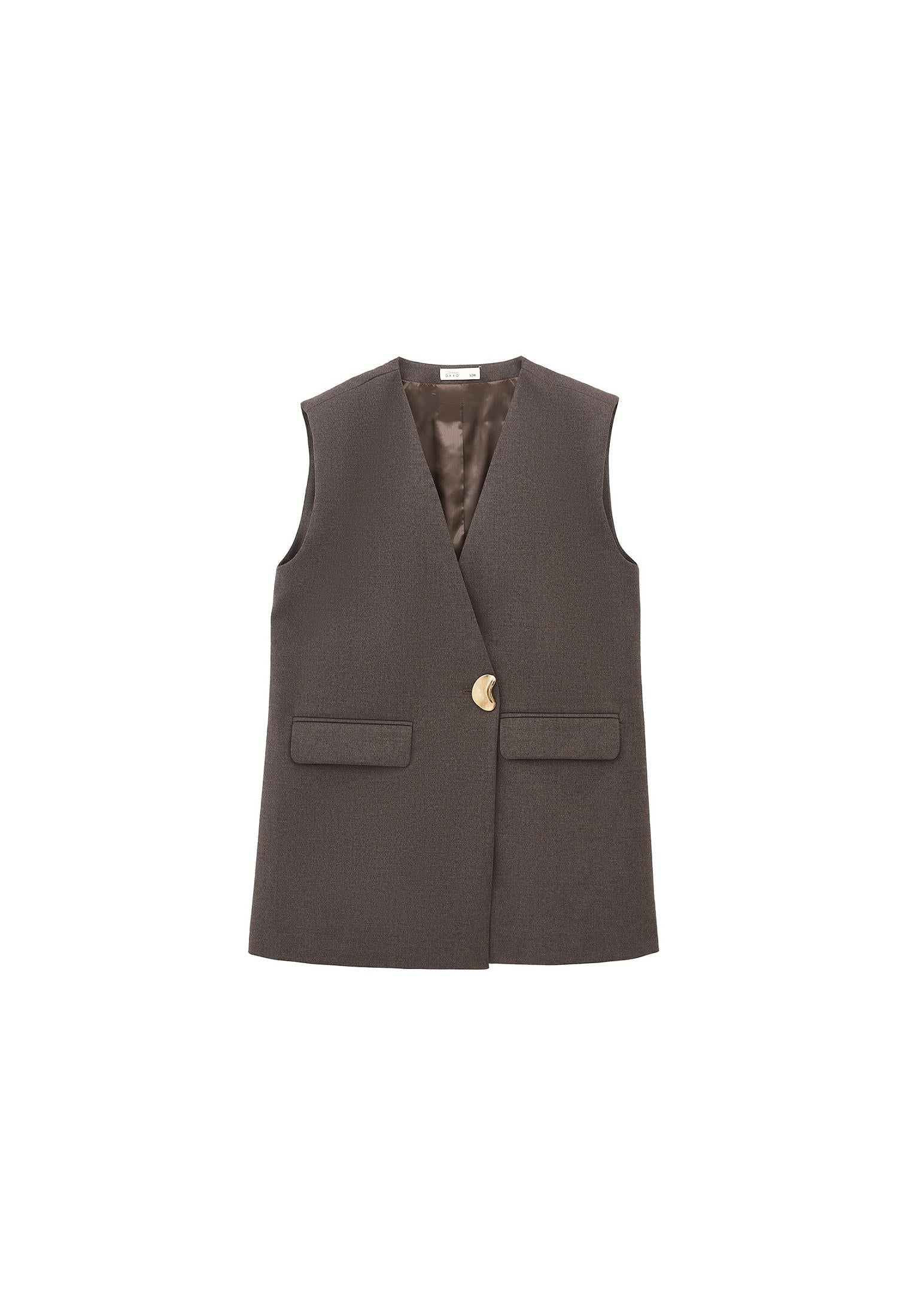 V Neck Button Detailed Oversize Vest - CARAFE MELANGE