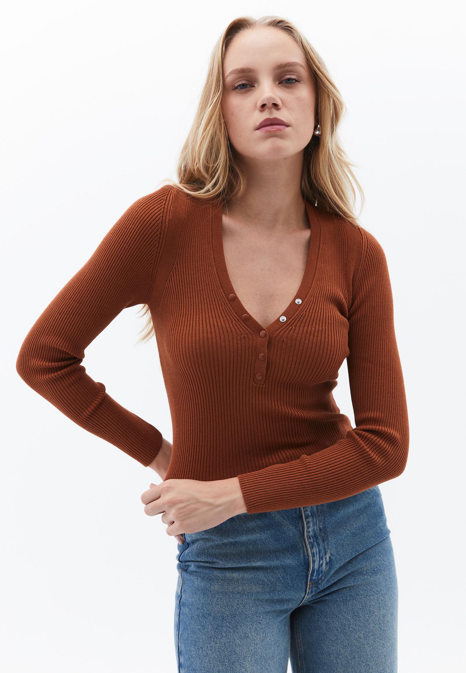 V Neck Long Sleeve Sweater - CARAMEL CAFE