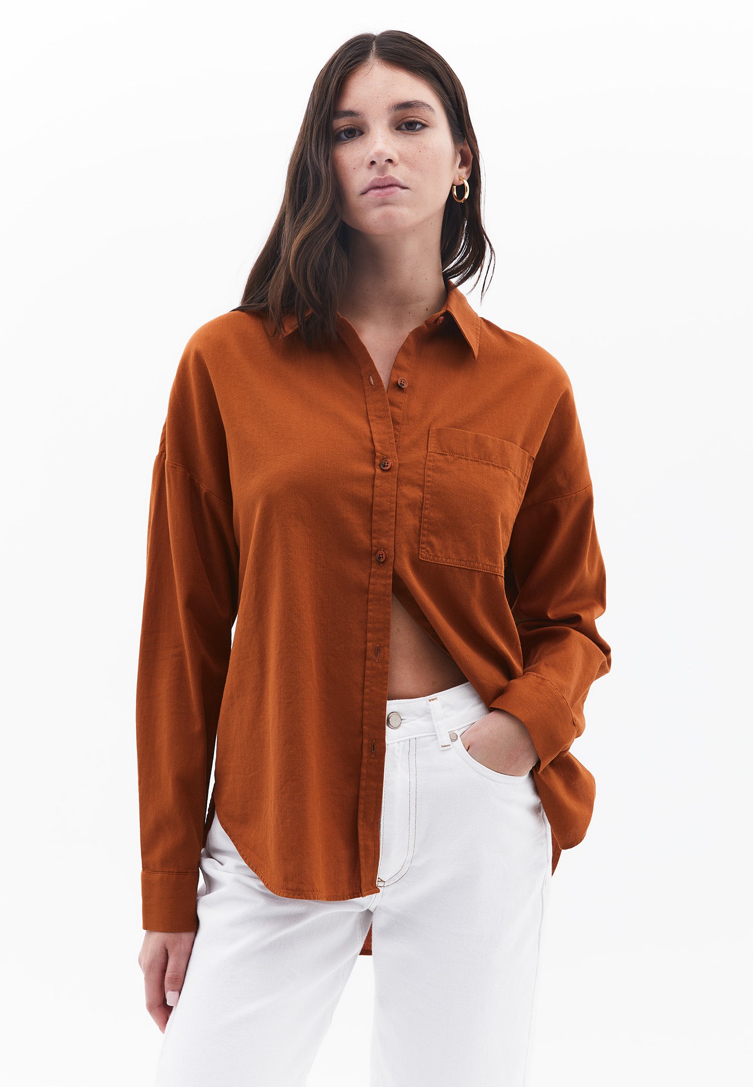 Long Sleeve Shirt Collar Shirt With Button Details - CARAMEL CAFE