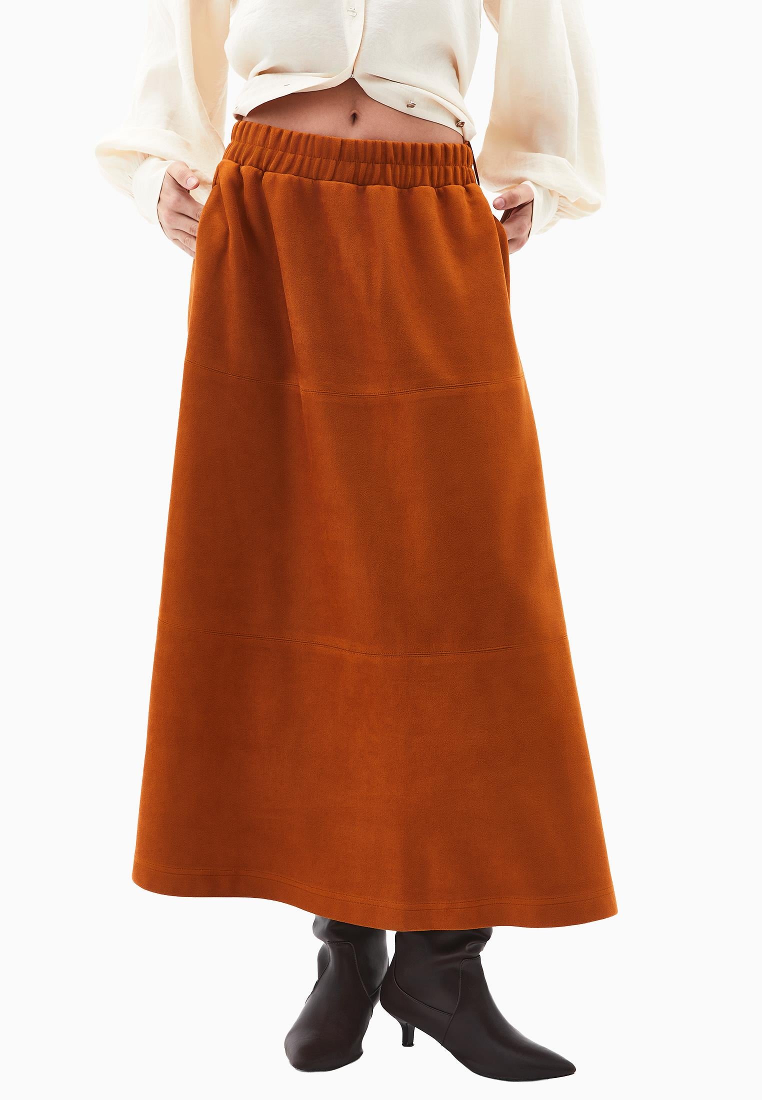 Long A-Line High Waist Slit Leather Skirt - CARAMEL CAFE