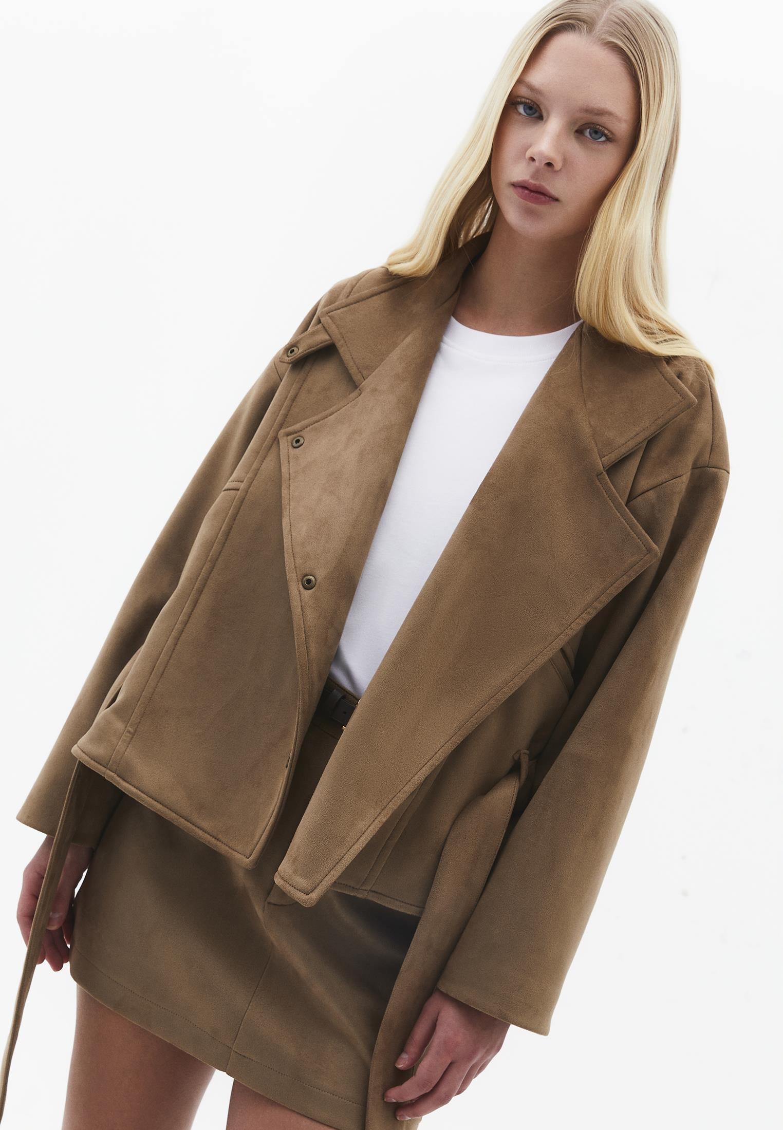 Midi Length Shawl Collar Long Sleeve Jacket - CARIBOU