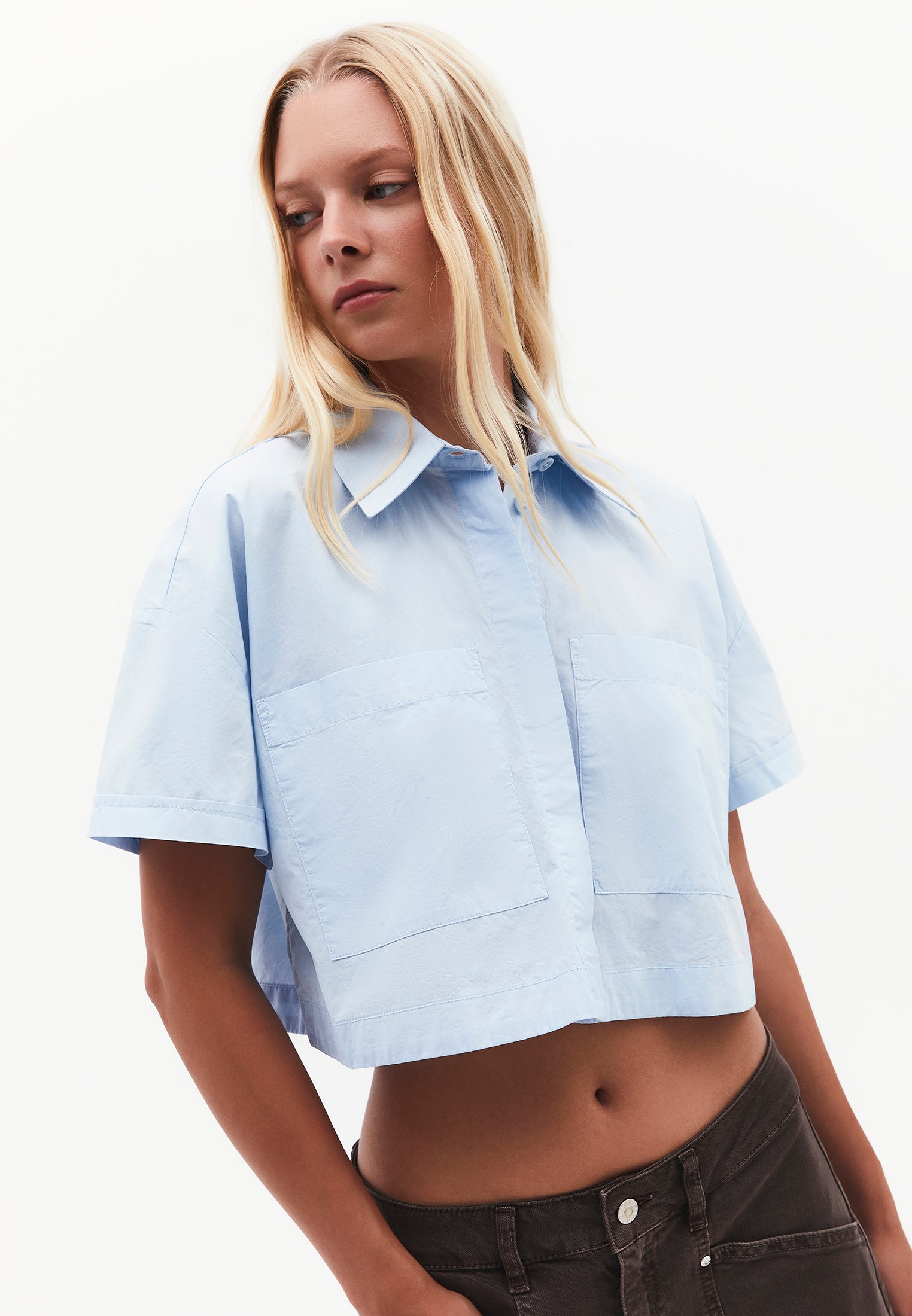 Shirt Collar Loose Short Sleeve Pocket Detailed Cropped Shirt - CASHMERE BLUE