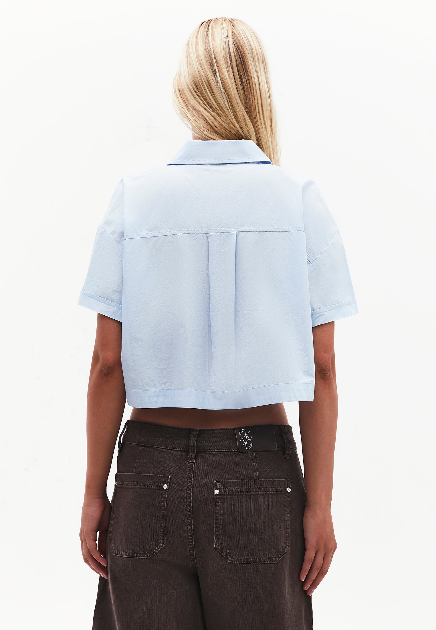 Shirt Collar Loose Short Sleeve Pocket Detailed Cropped Shirt - CASHMERE BLUE