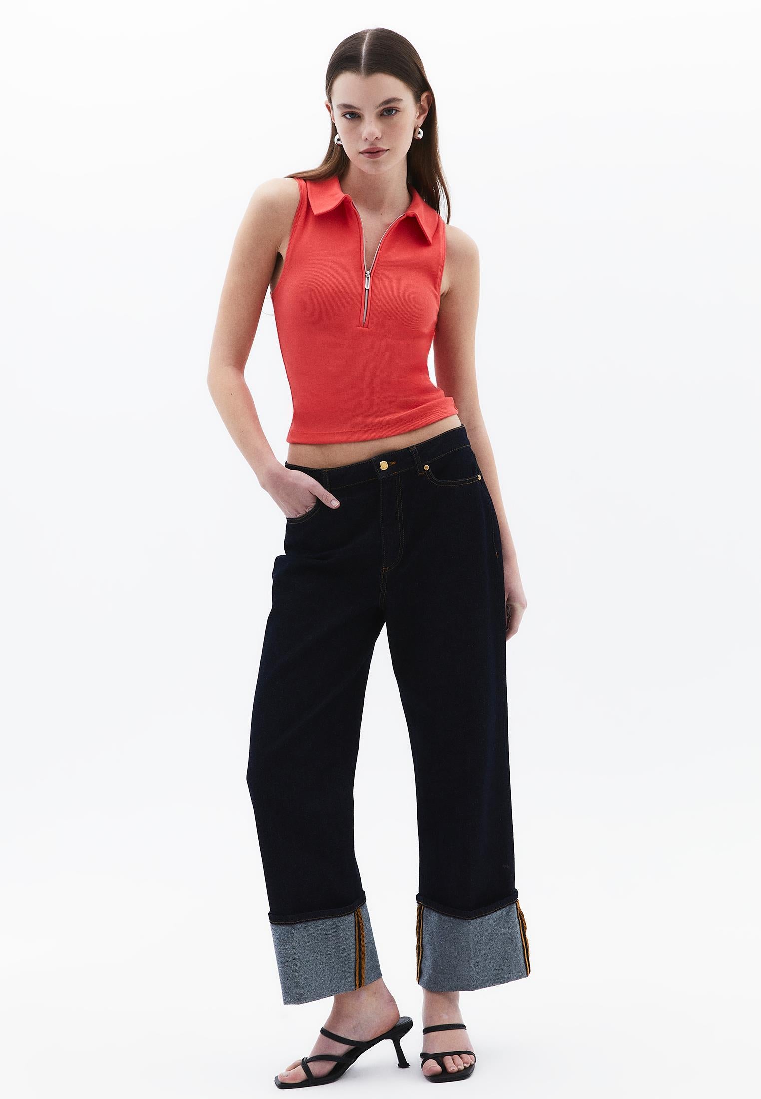 Polo Neck Tank Top - CAYENNE