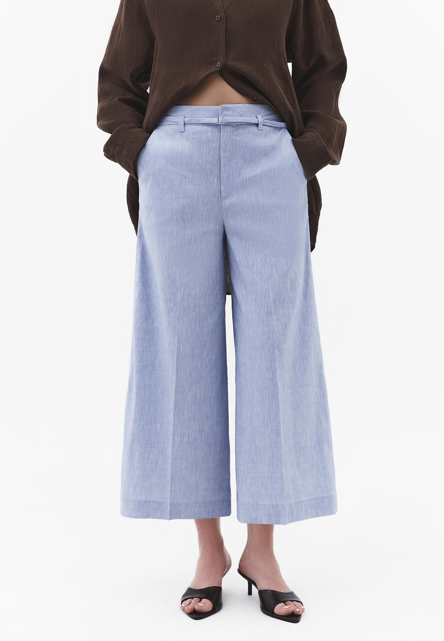 High Waist Wide Leg Belted Pants - CHAMBRAY BLUE