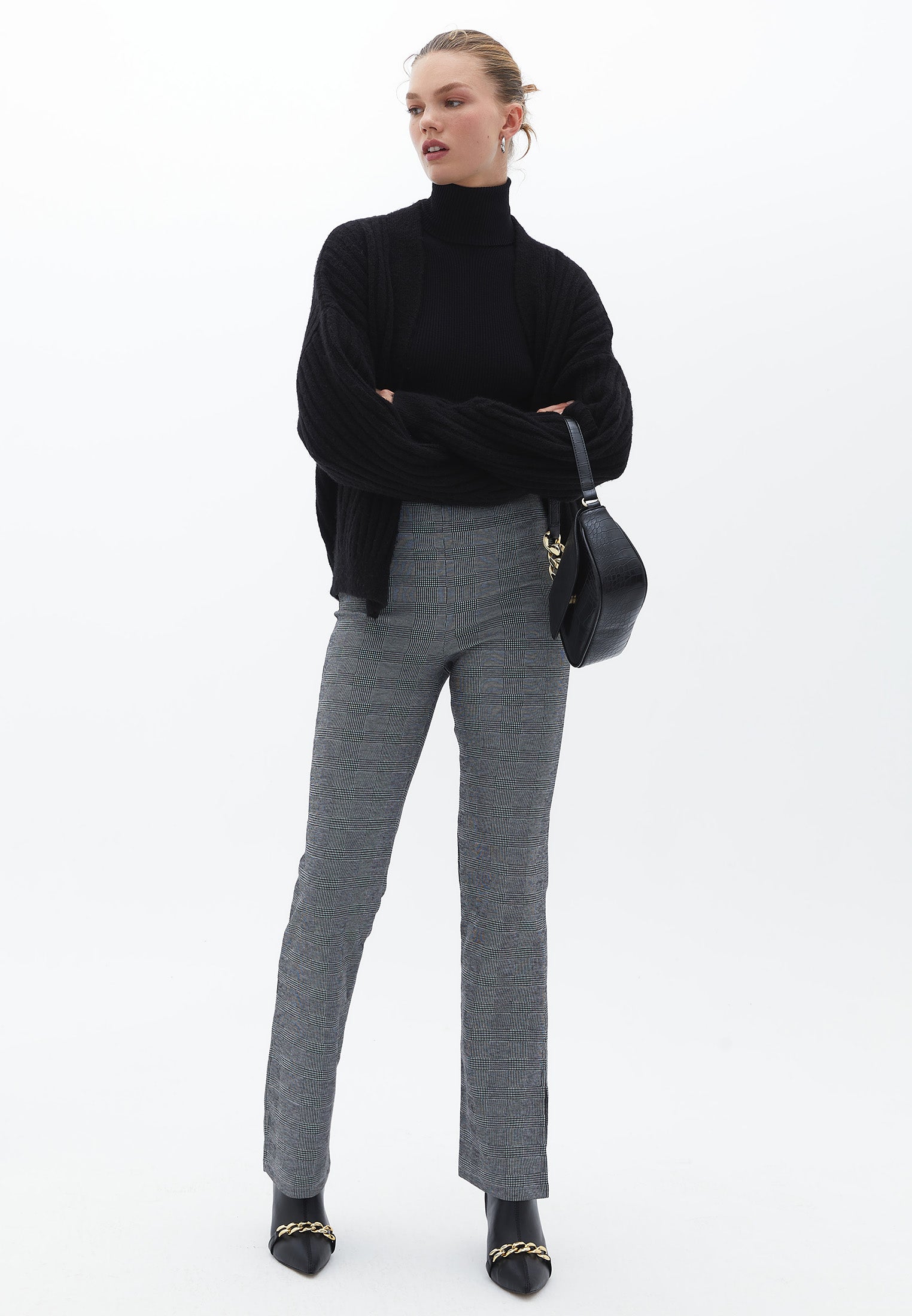 High Waist Straight Leg Pants - CHECK COMB