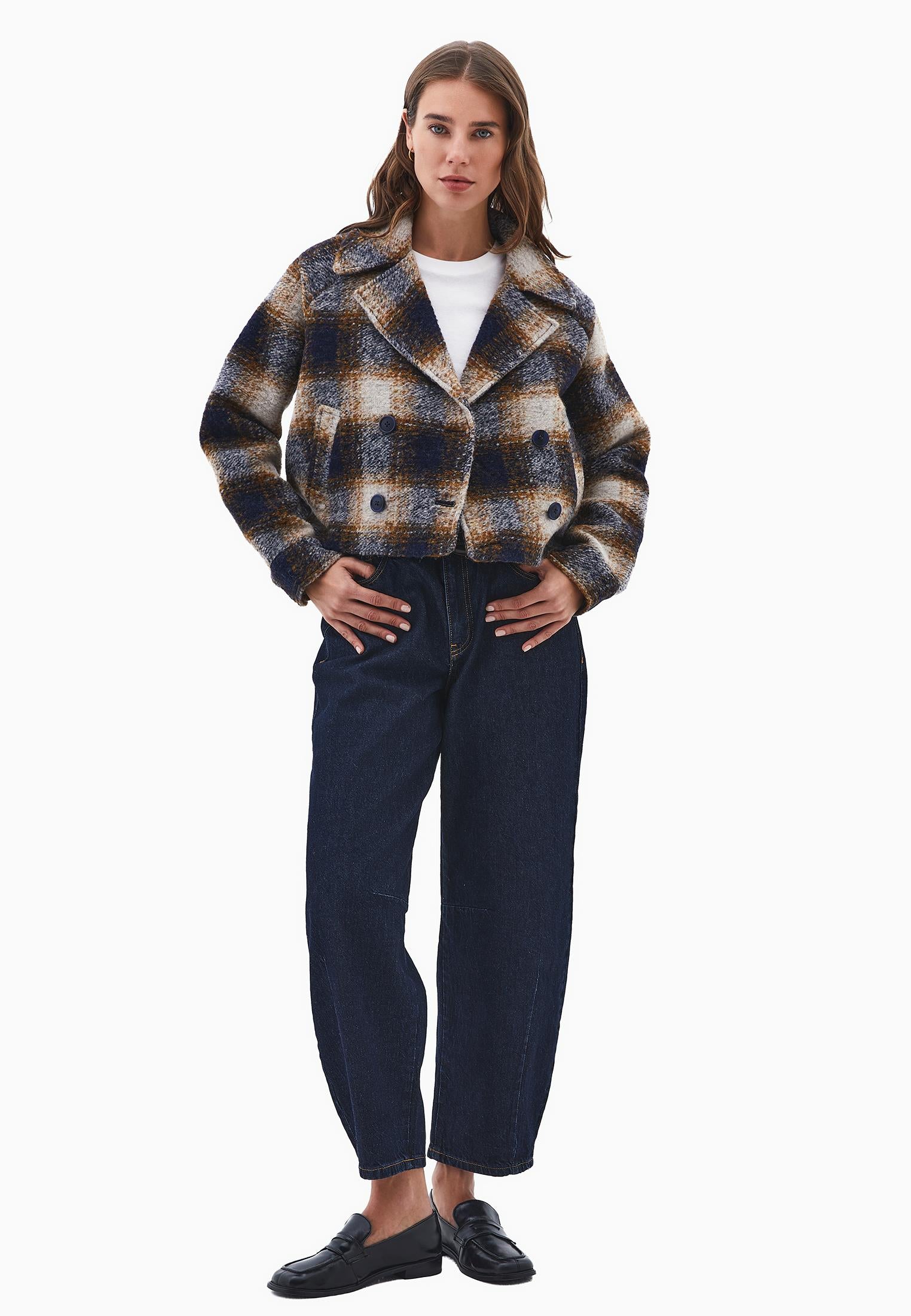 Double Breasted Checked Blazer With Long Sleeves - CHECK COMB
