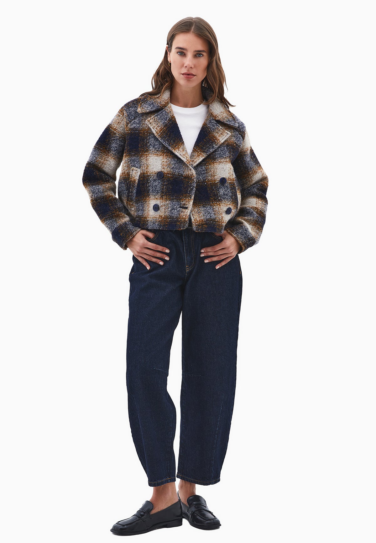 Double Breasted Checked Blazer With Long Sleeves - CHECK COMB