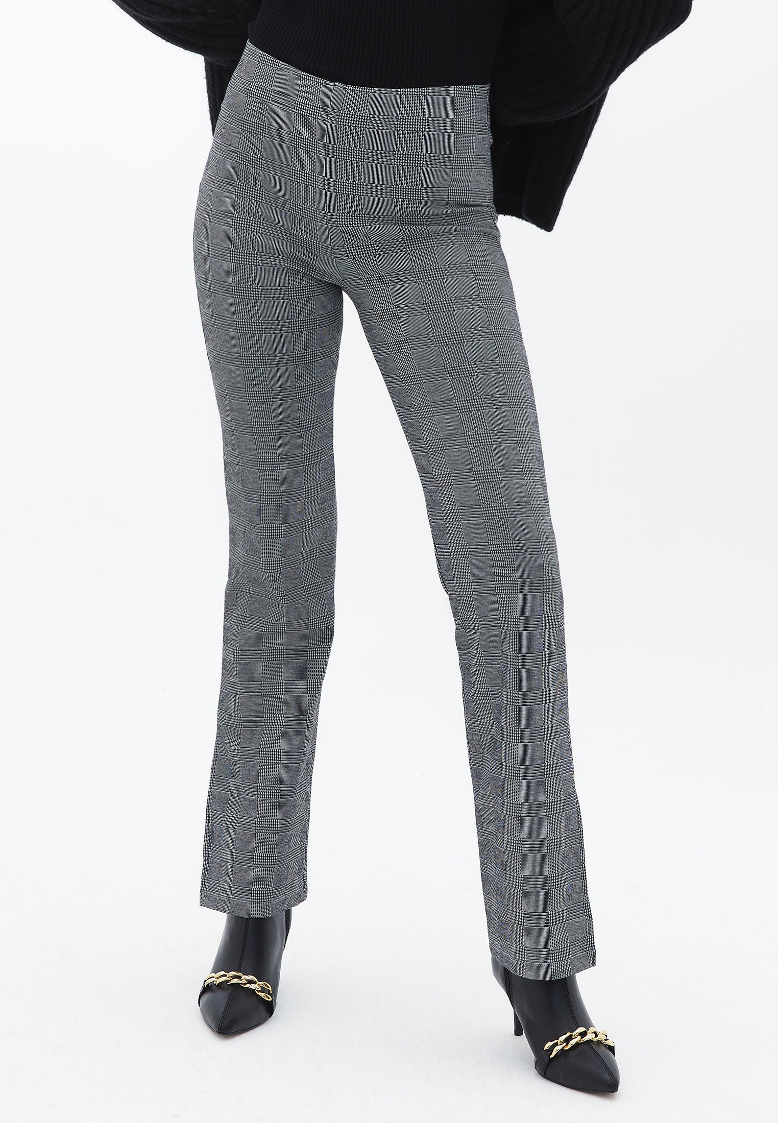 High Waist Straight Leg Pants - CHECK COMB