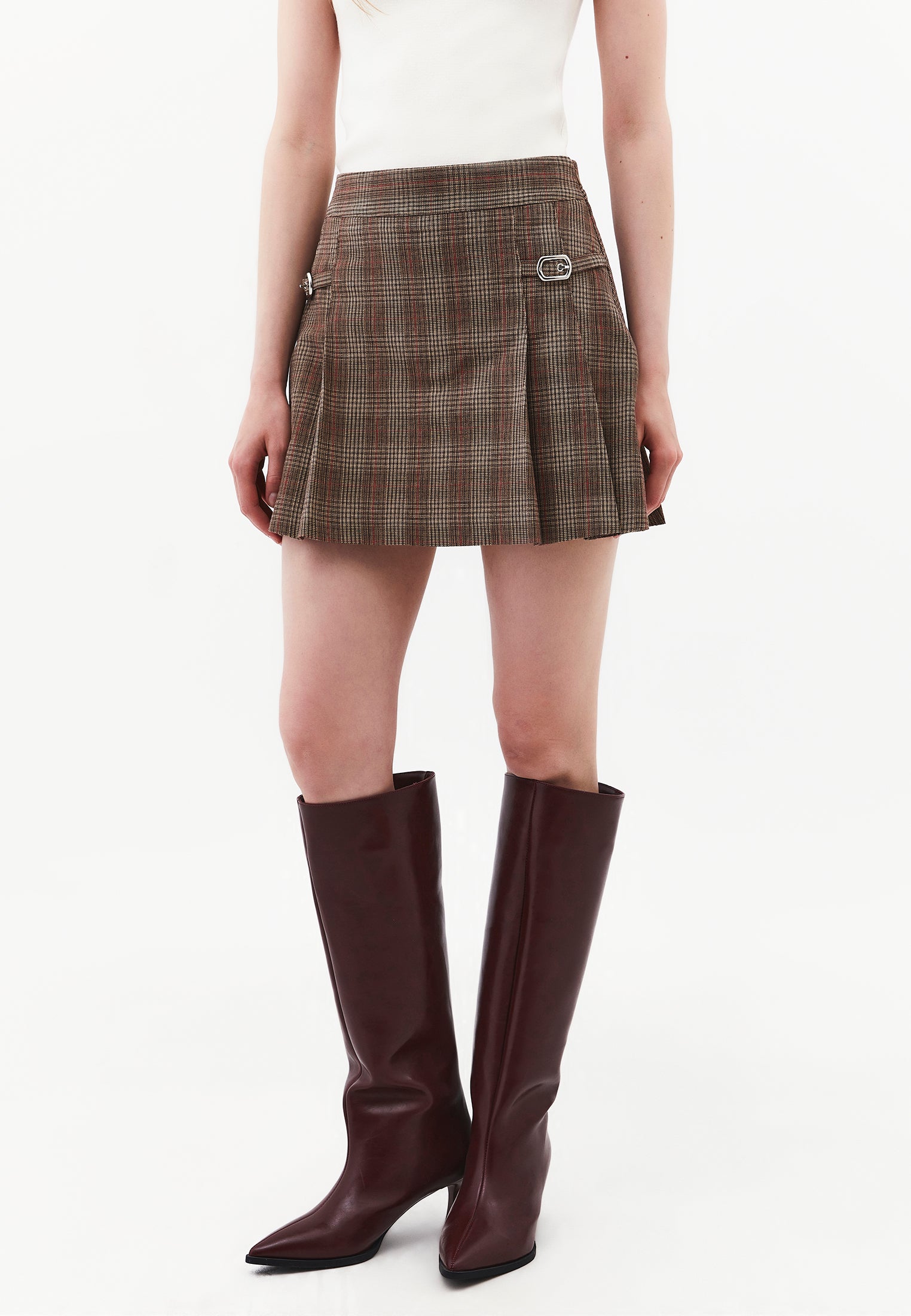 Flared Short High Waist Skirt - CHECK COMB