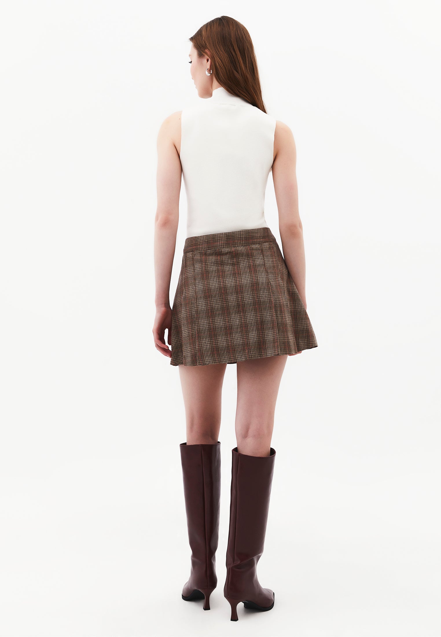 Flared Short High Waist Skirt - CHECK COMB