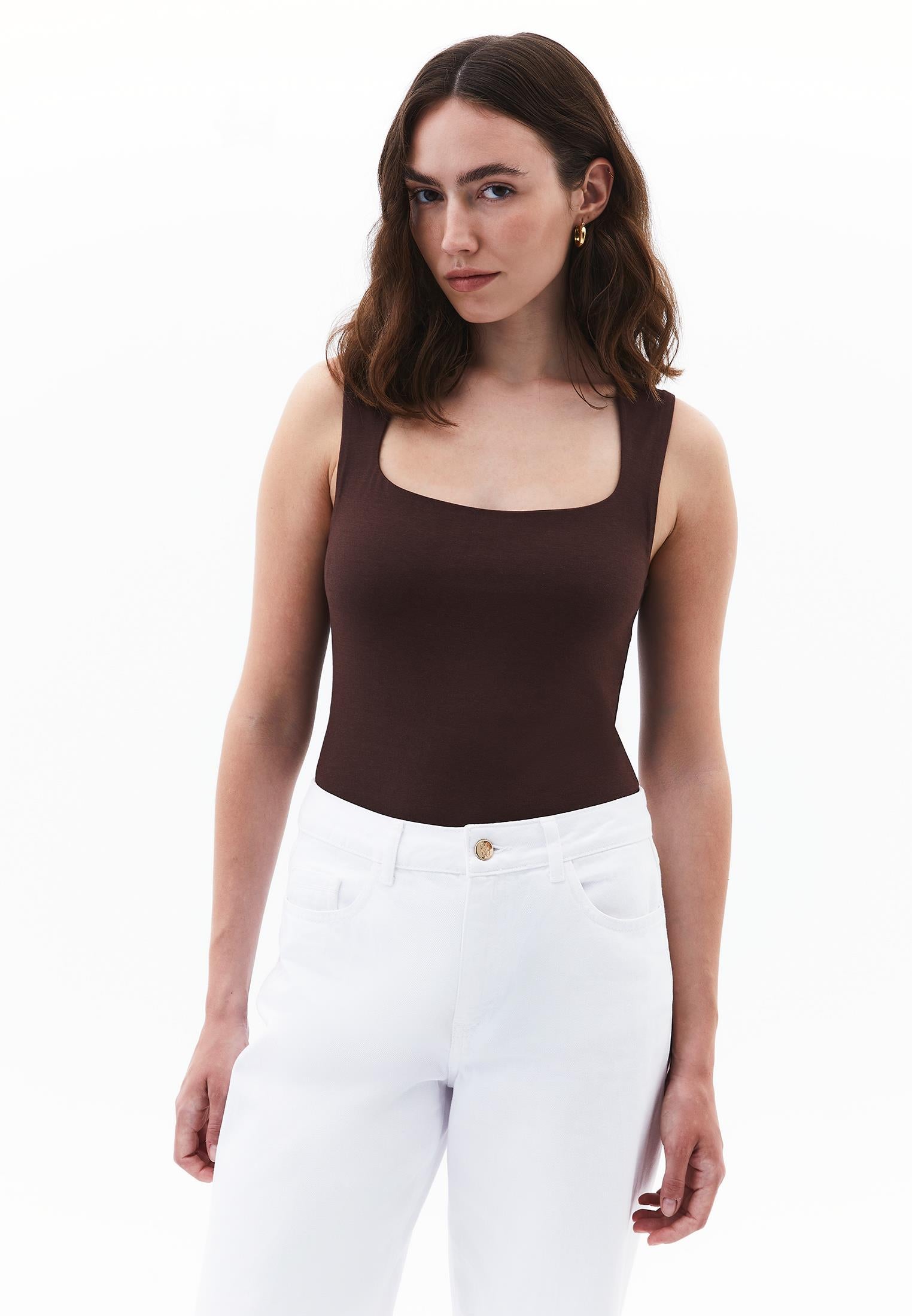 Square Neck Modal Tank Top - CHICORY COFFEE