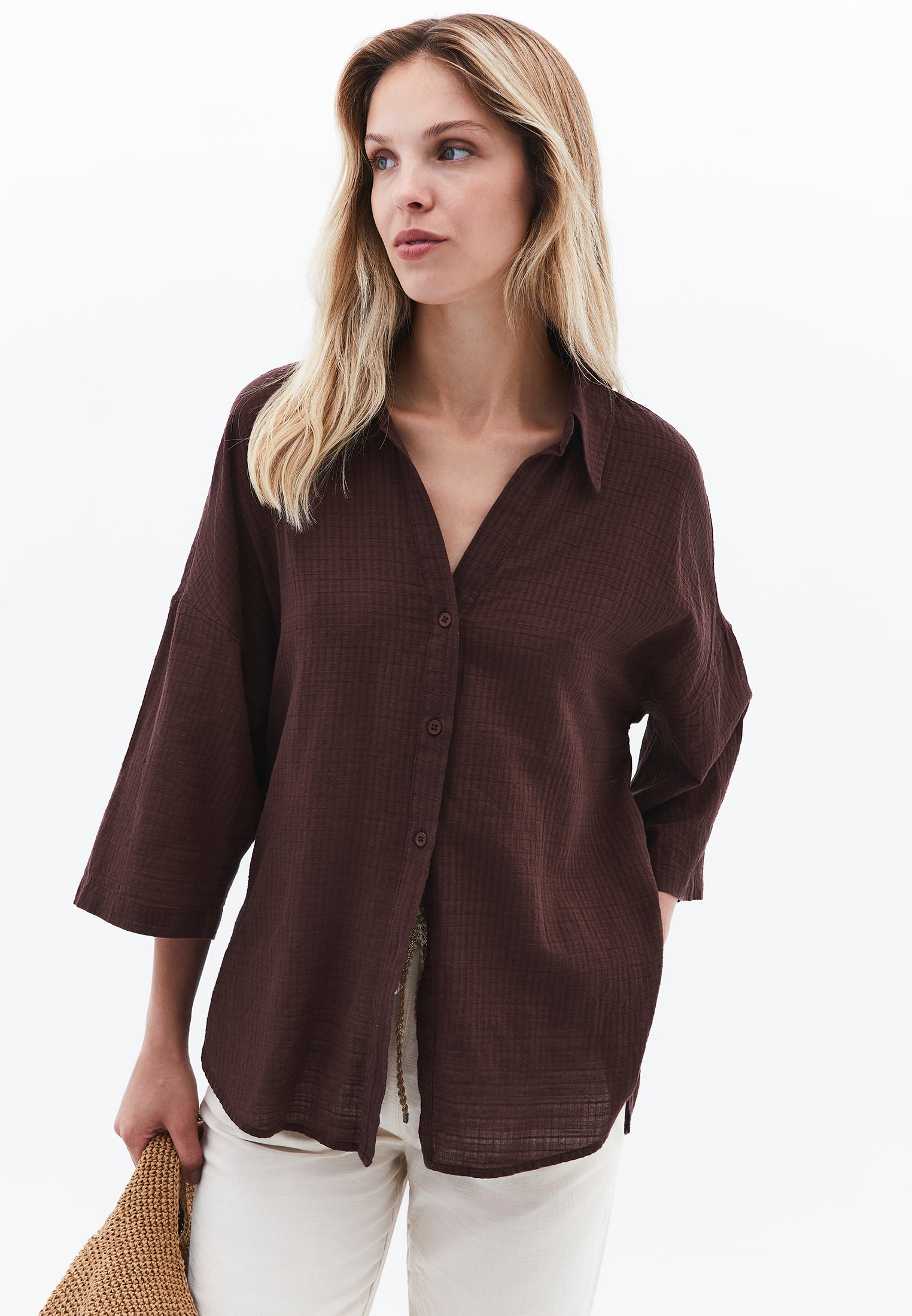 Oversized Shirt With Button Details - CHICORY COFFEE
