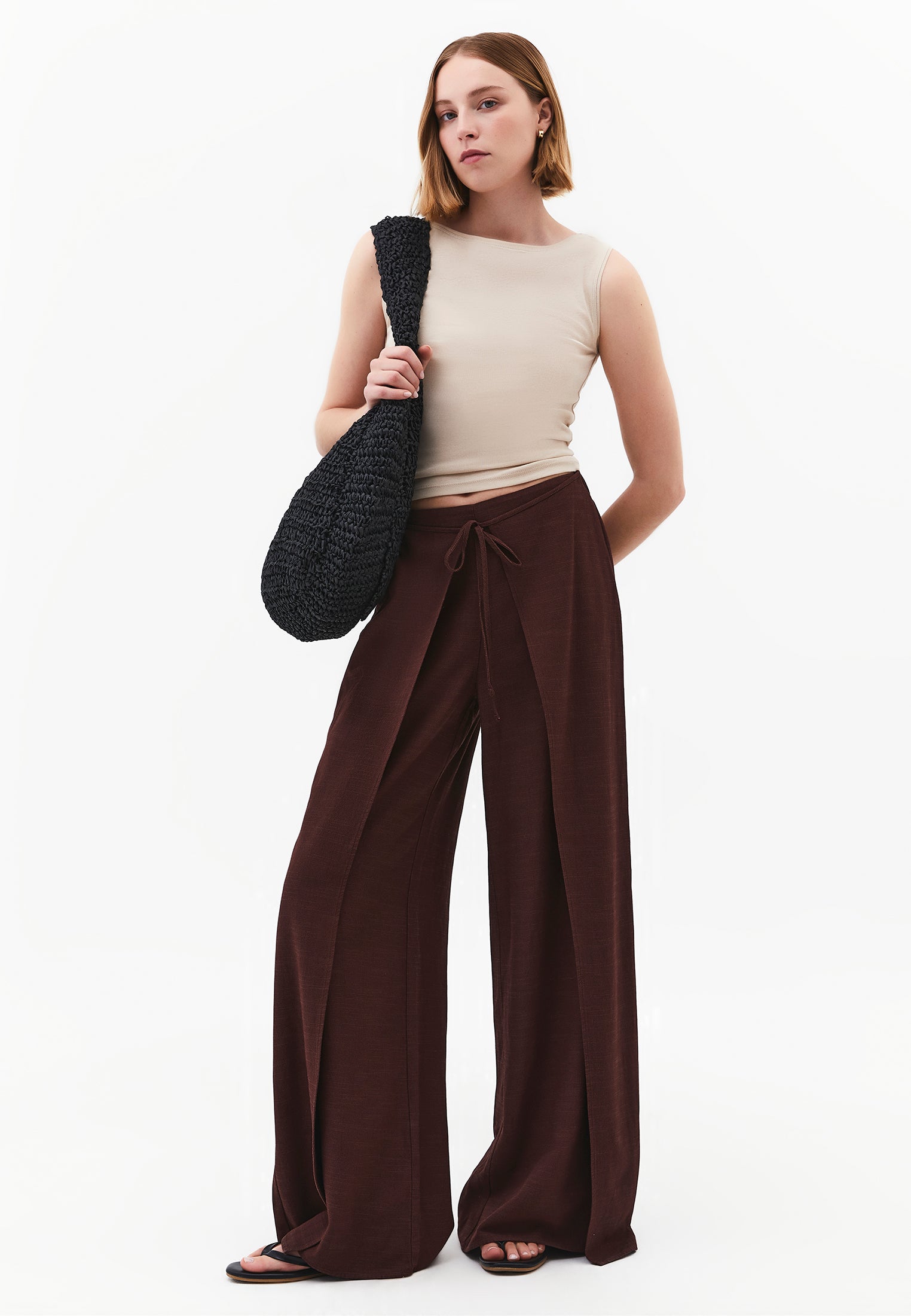 Wide Leg Tied Pants - CHICORY COFFEE