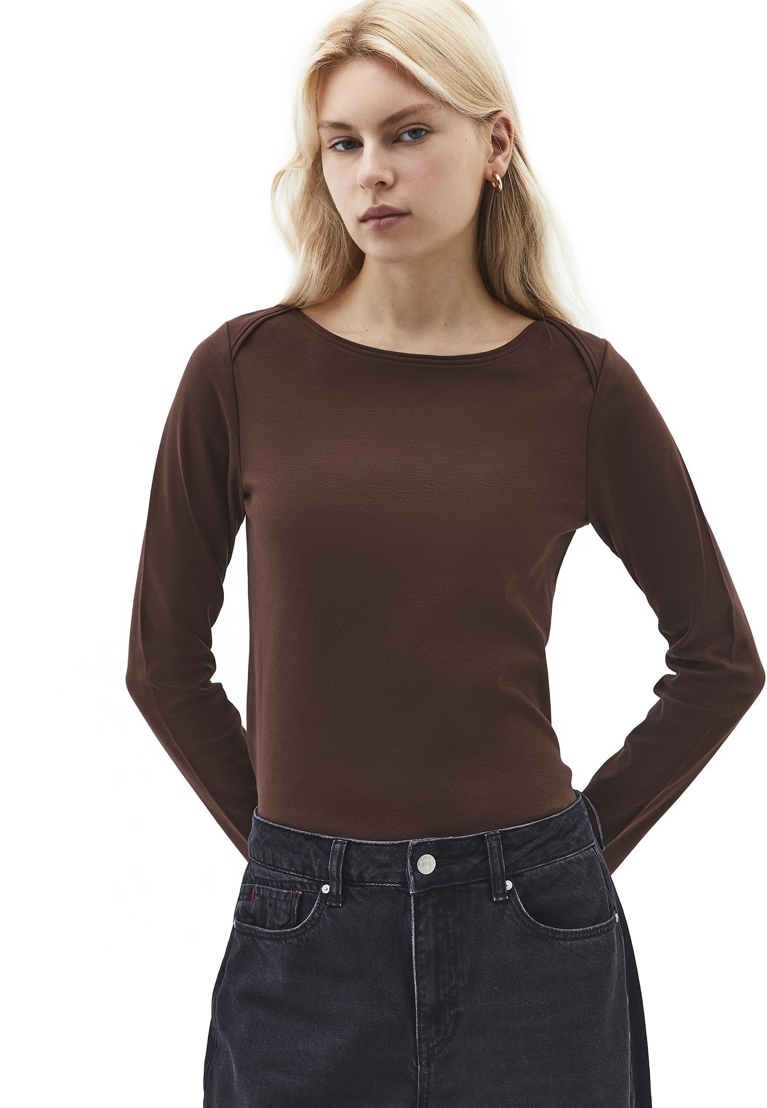 Boat Neck Long Sleeve T-Shirt - CHICORY COFFEE
