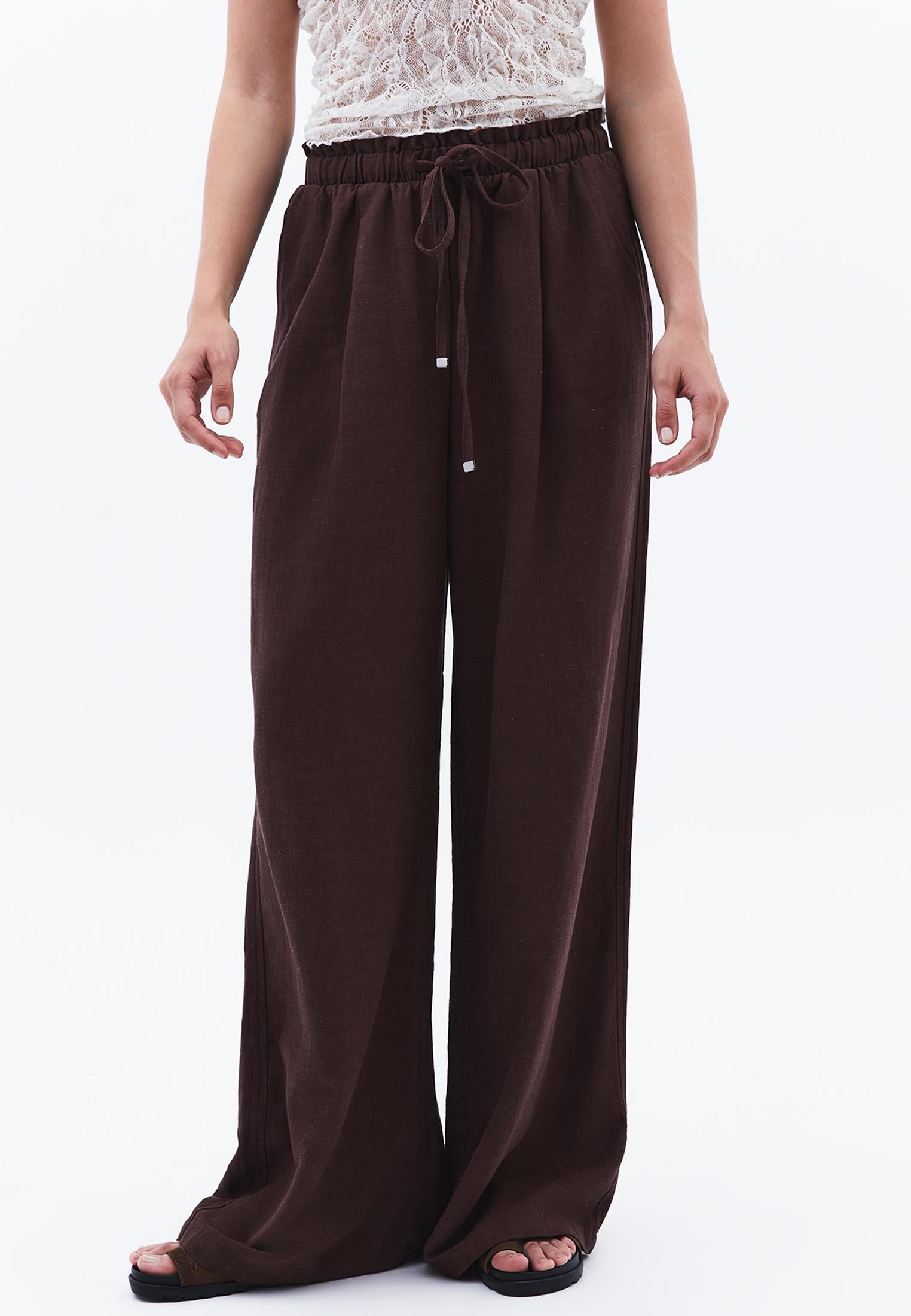High Waist Wide Leg Linen Pants - CHICORY COFFEE