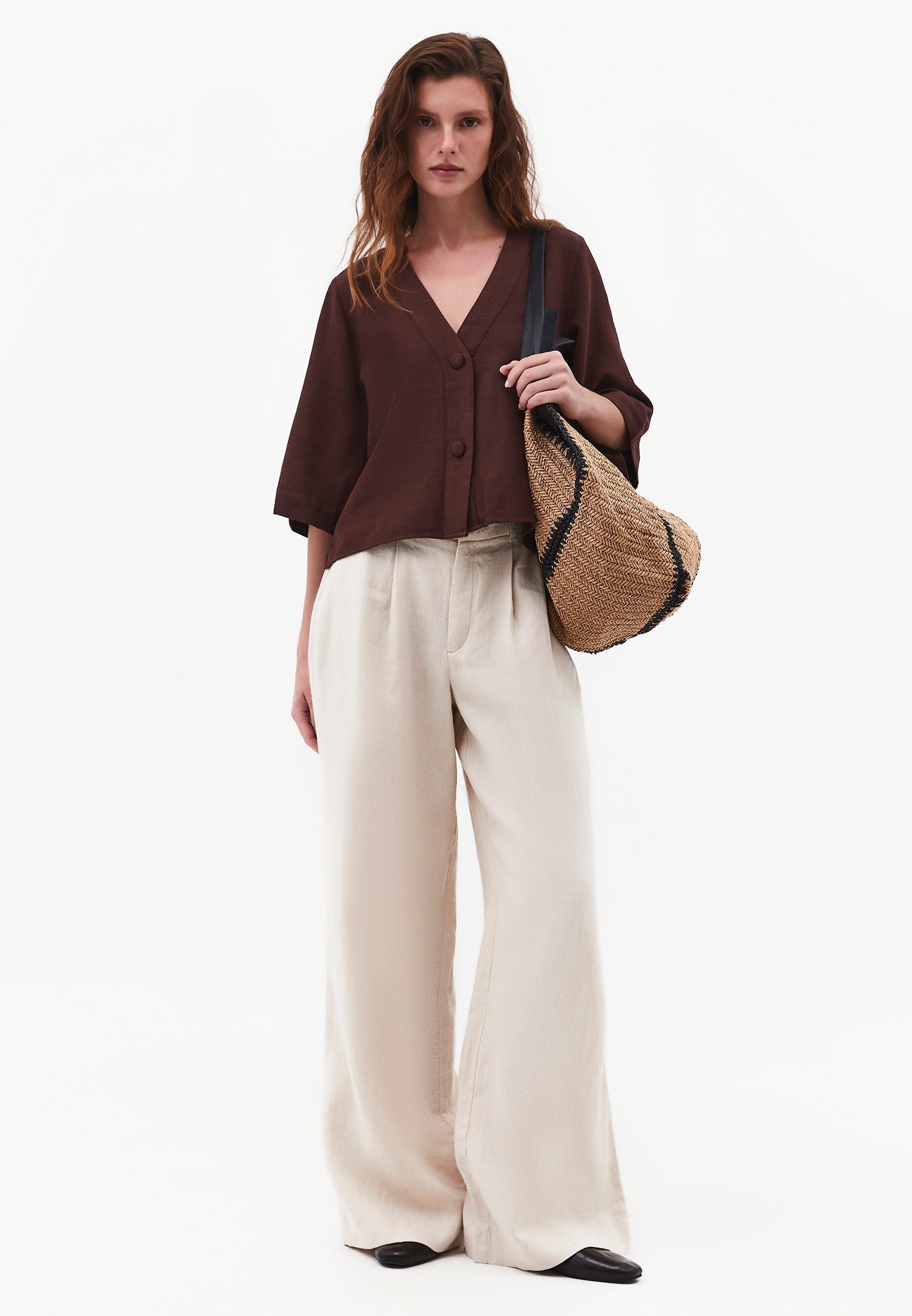 Button Detailed Half Sleeve V Neck Blouse - CHICORY COFFEE