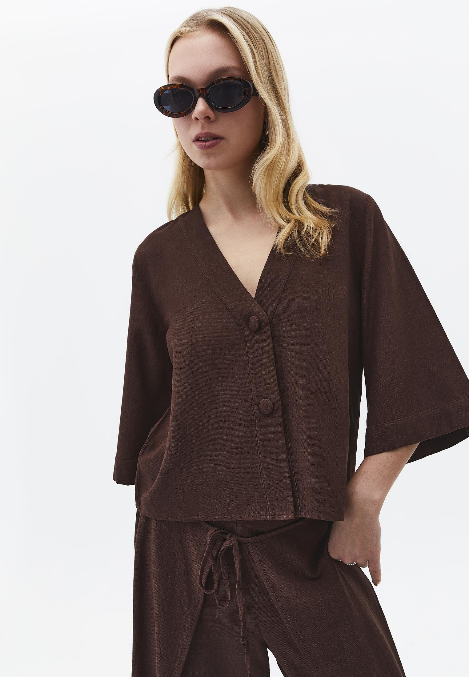 V Neck Button Detailed Blouse - CHICORY COFFEE