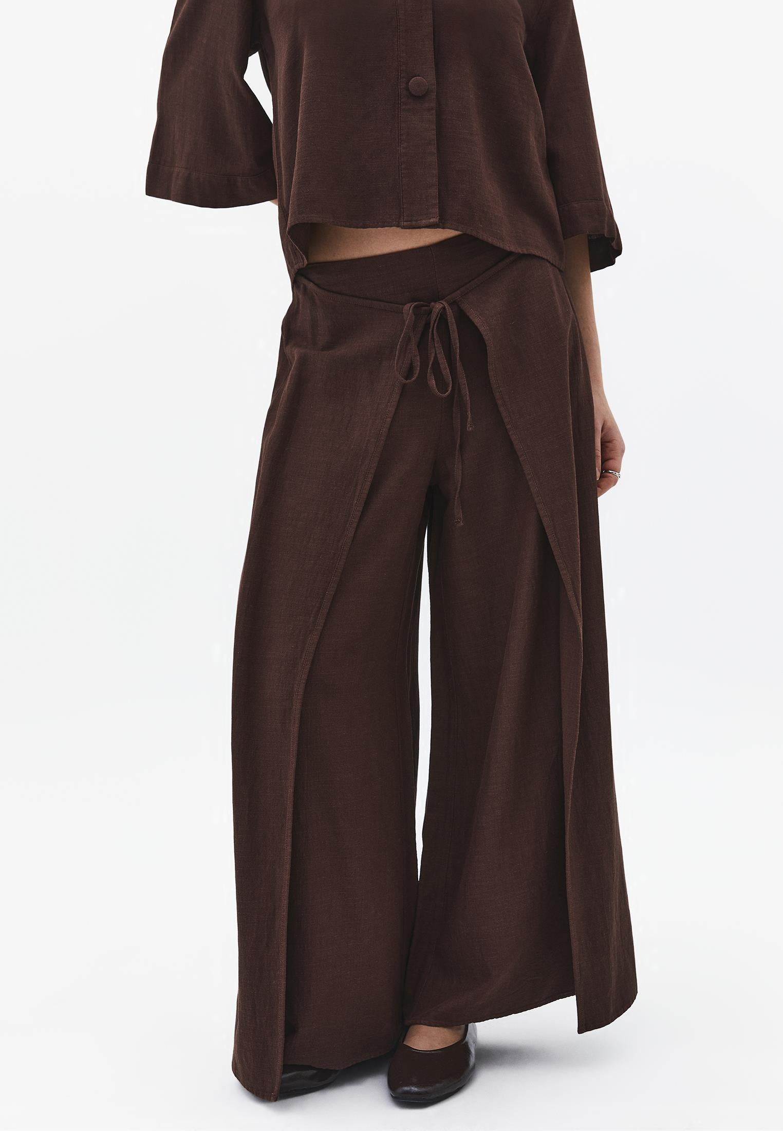 Tie Waist Wide Leg High Waist Pants - CHICORY COFFEE