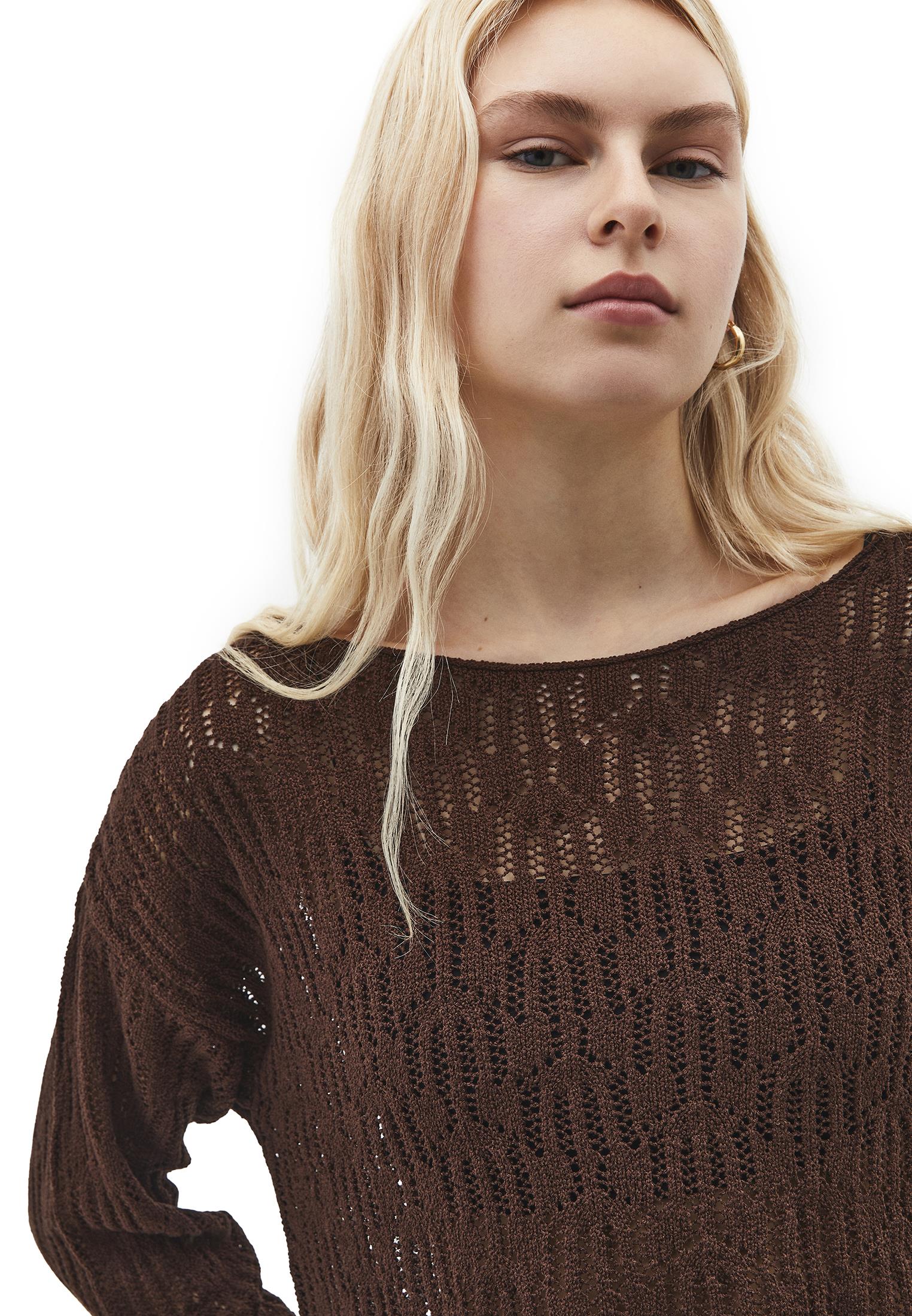 Openwork Boat Neck Sweater - CHICORY COFFEE