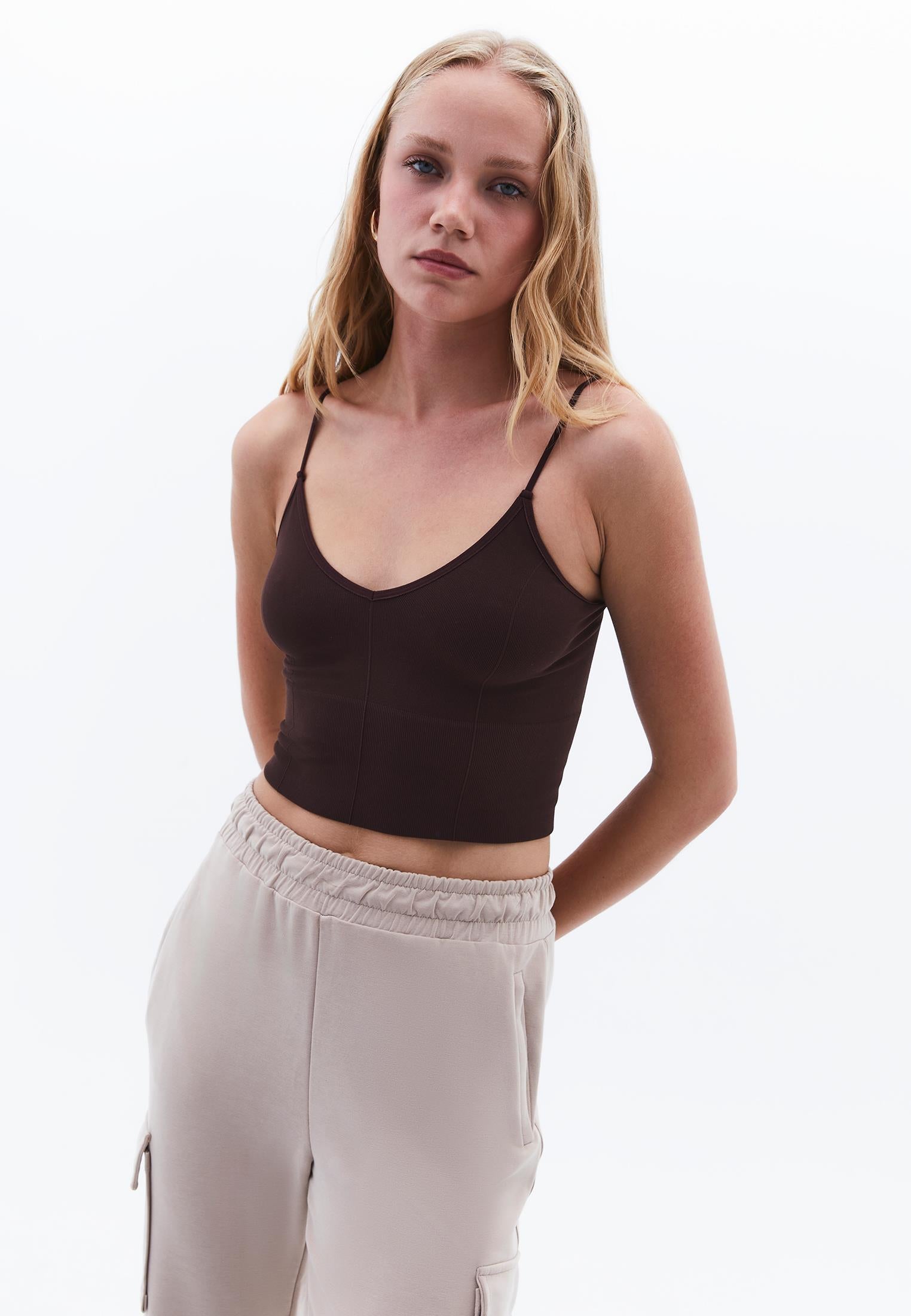 Seamless V Neck Tank Top - CHICORY COFFEE