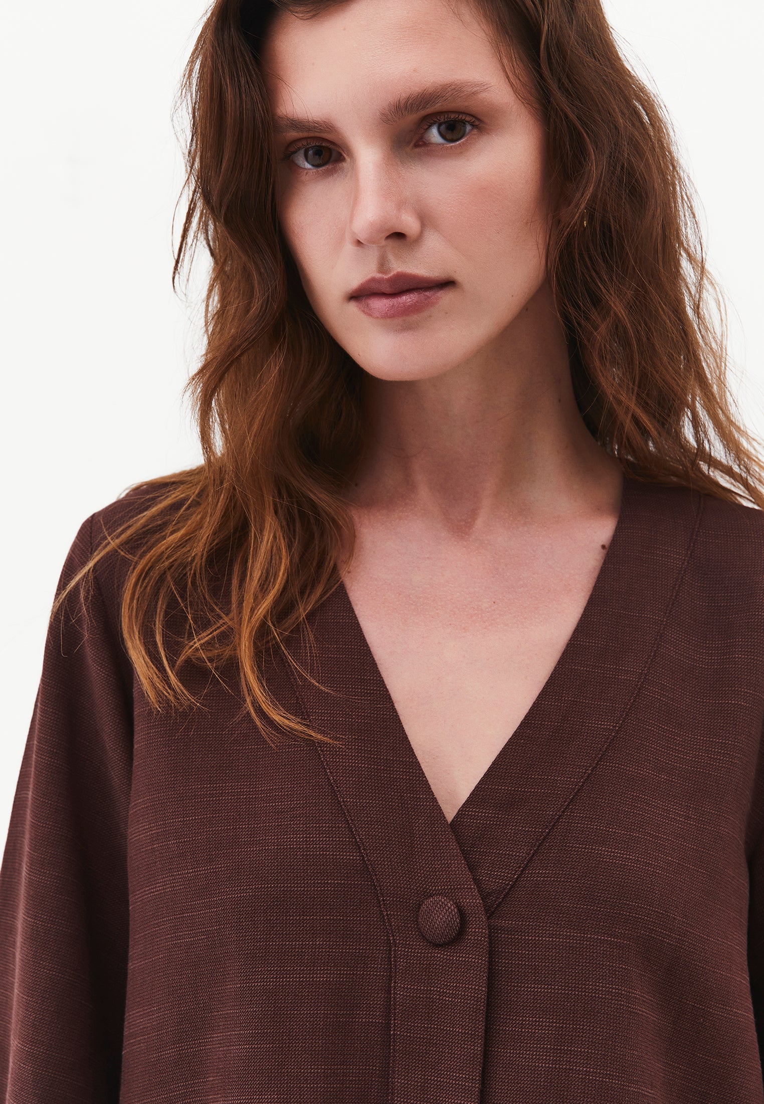 Button Detailed Half Sleeve V Neck Blouse - CHICORY COFFEE