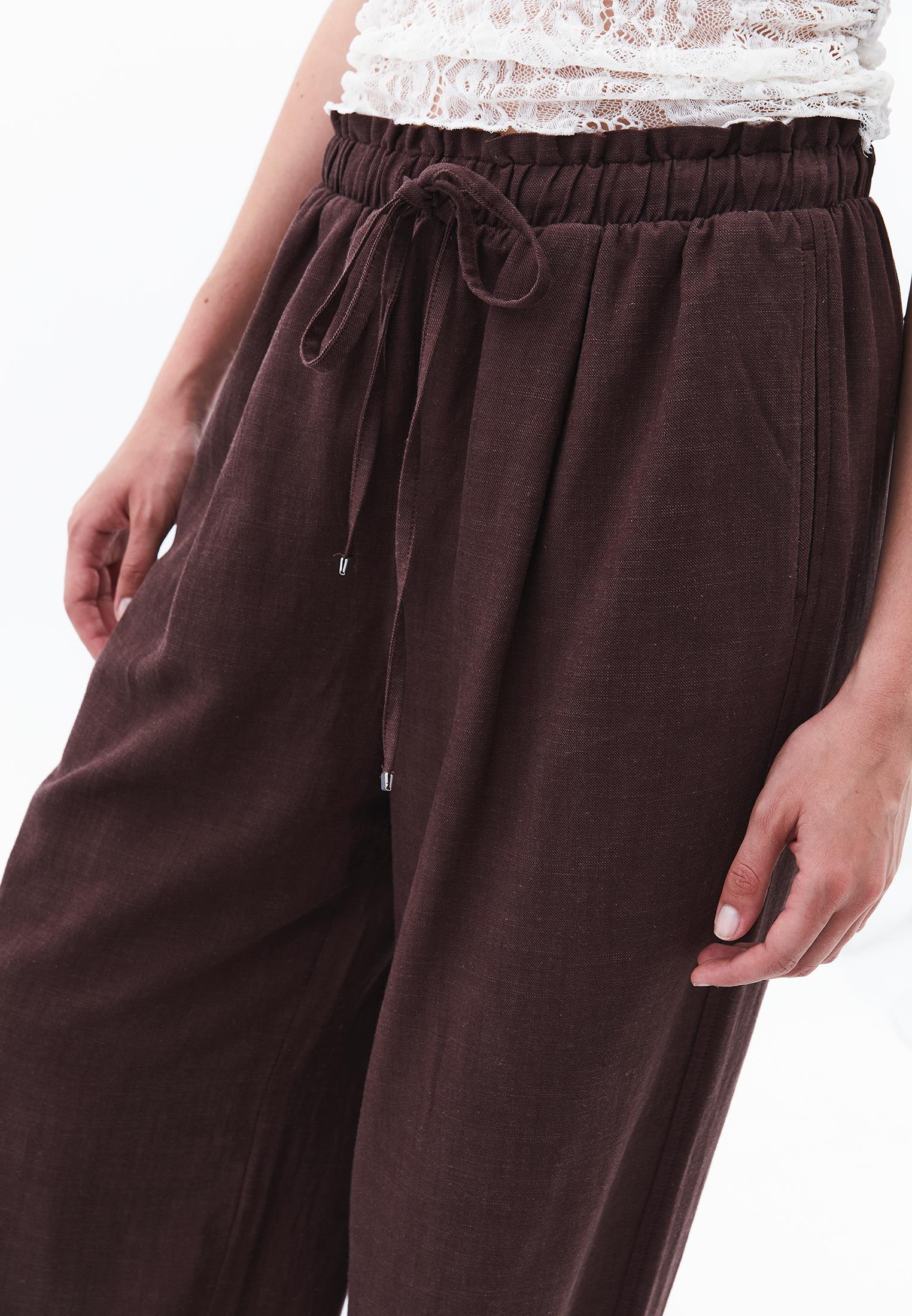 High Waist Wide Leg Linen Pants - CHICORY COFFEE
