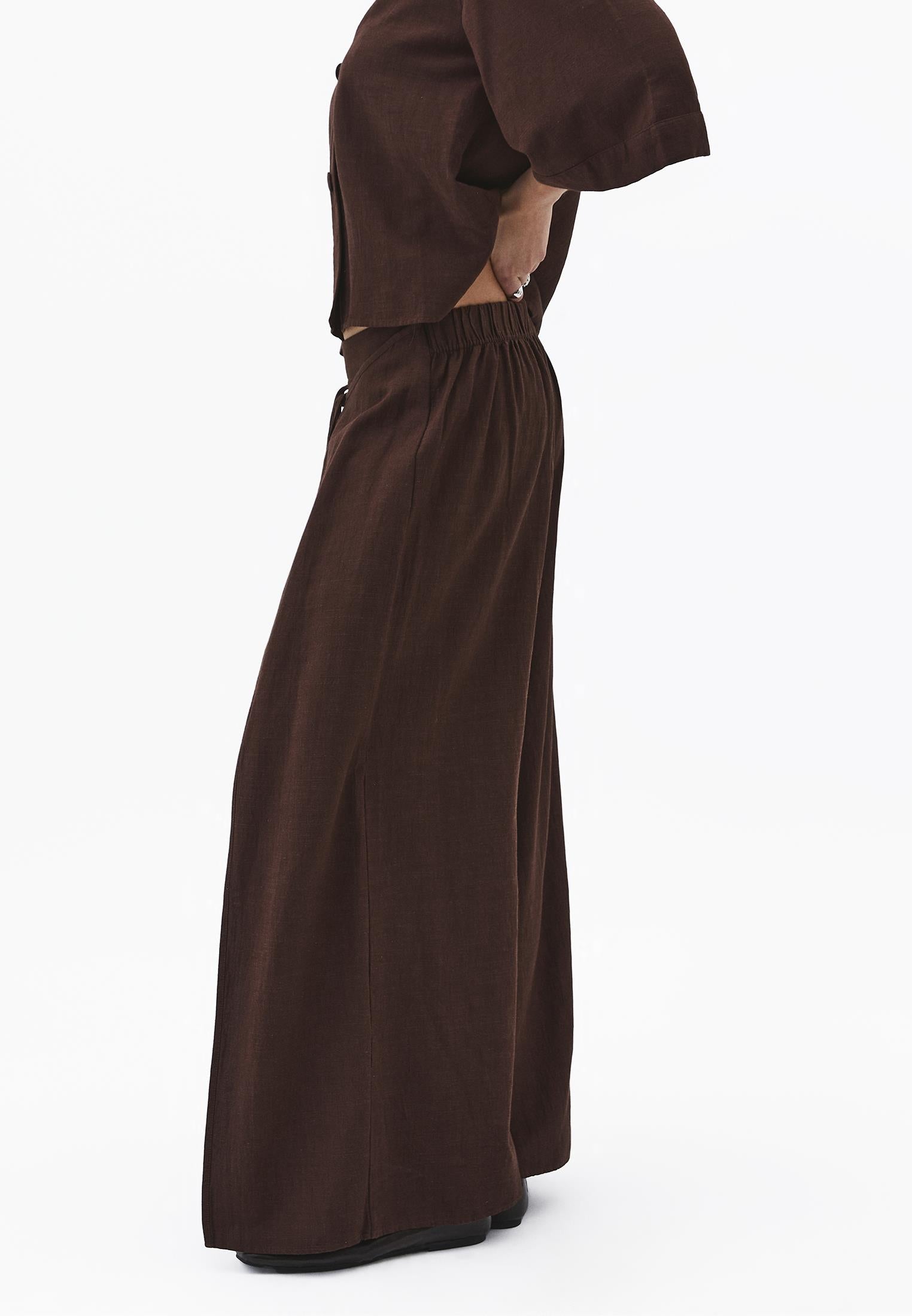 Tie Waist Wide Leg High Waist Pants - CHICORY COFFEE