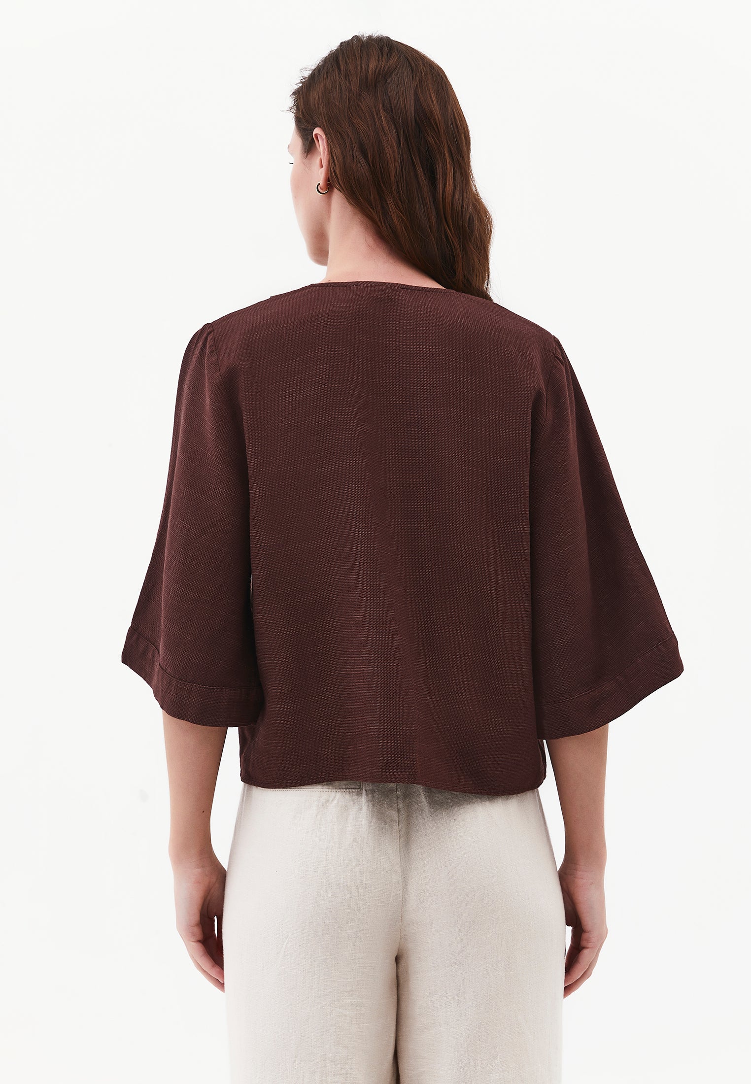 Button Detailed Half Sleeve V Neck Blouse - CHICORY COFFEE