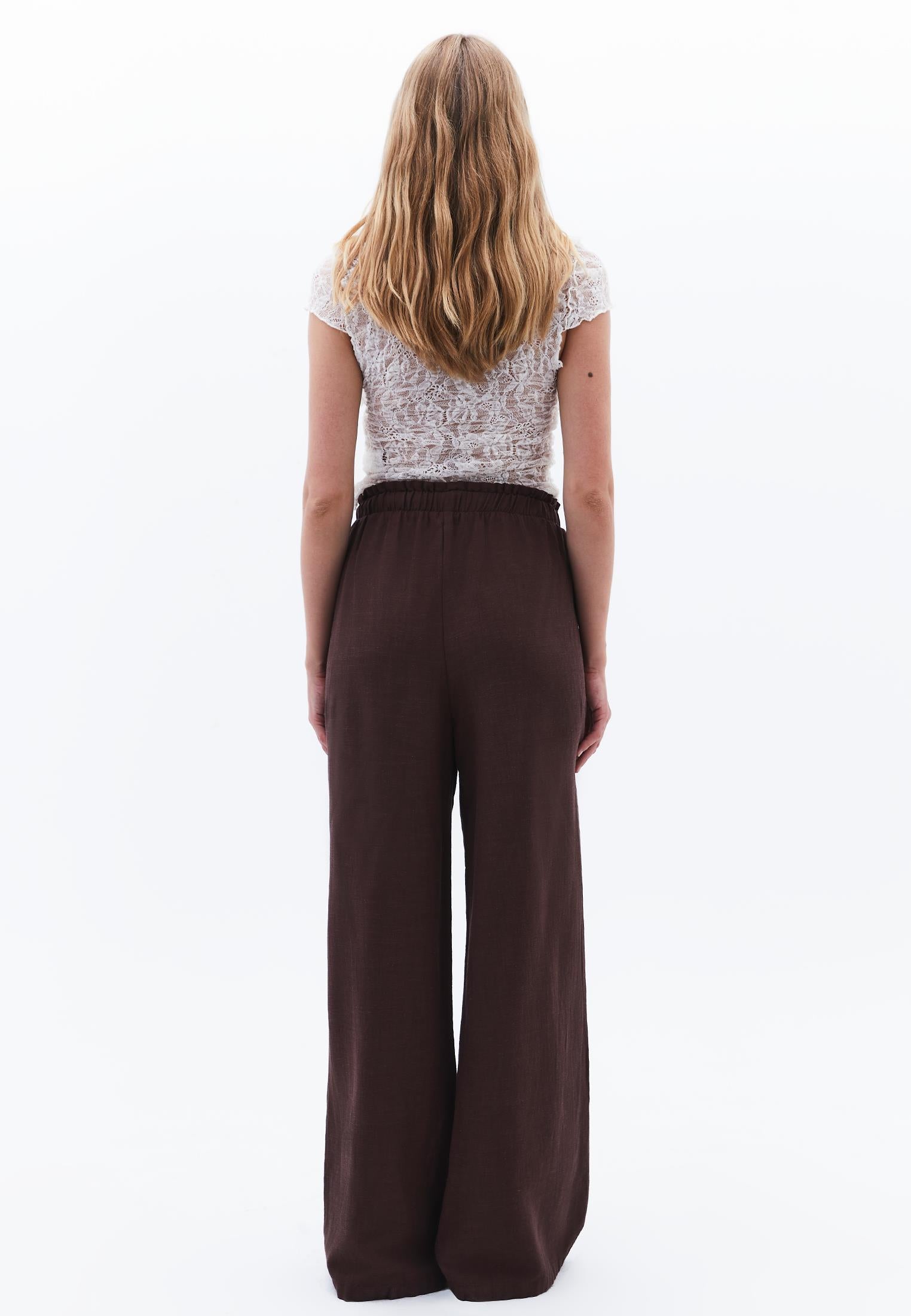 High Waist Wide Leg Linen Pants - CHICORY COFFEE