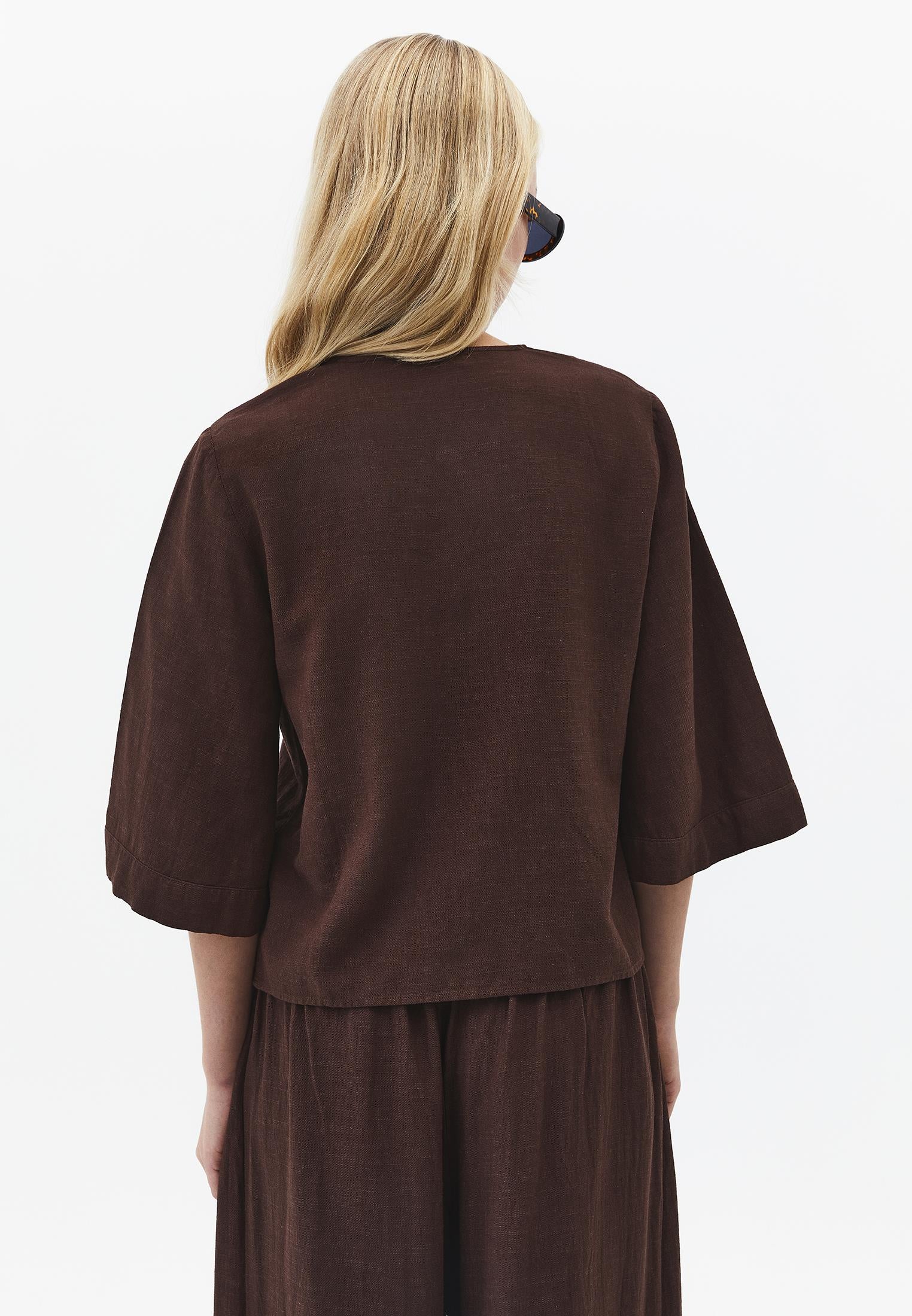 V Neck Button Detailed Blouse - CHICORY COFFEE