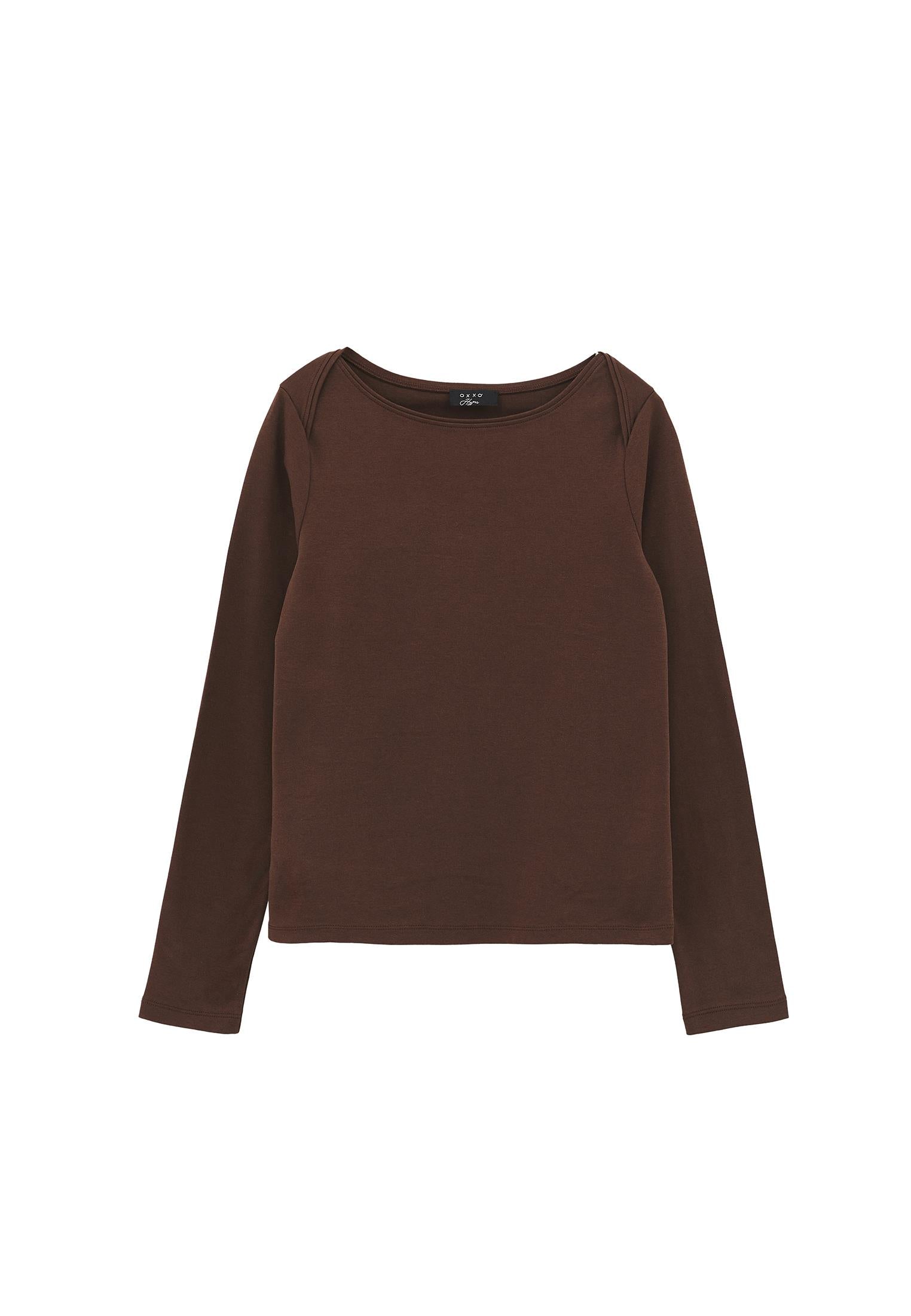 Boat Neck Long Sleeve T-Shirt - CHICORY COFFEE