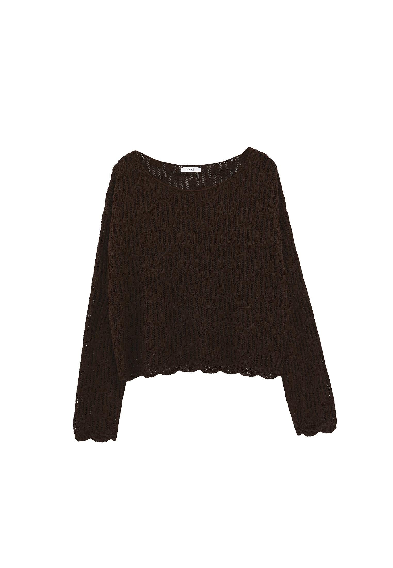 Openwork Boat Neck Sweater - CHICORY COFFEE