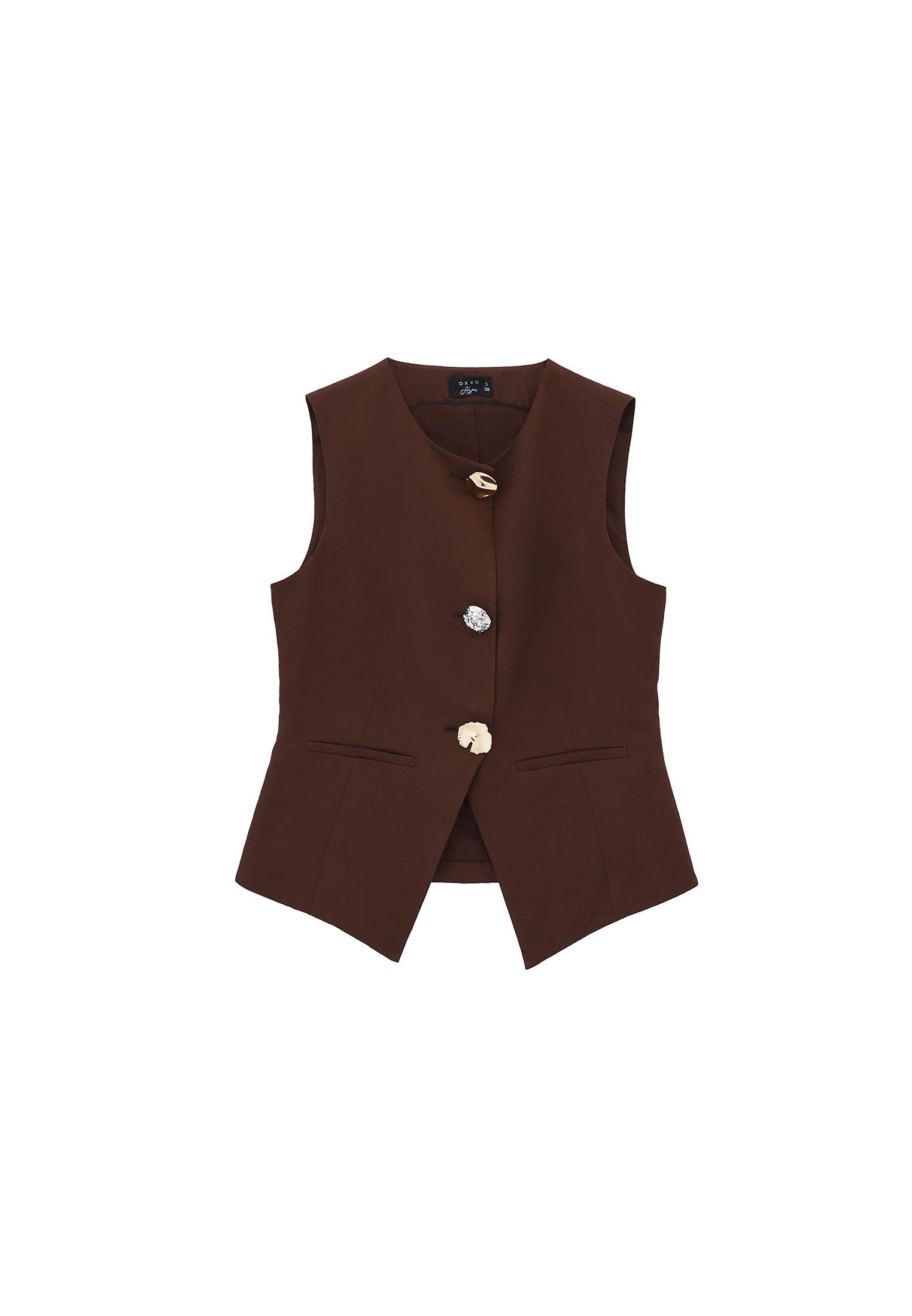 Sleeveless Vest With Button Details - CHICORY COFFEE