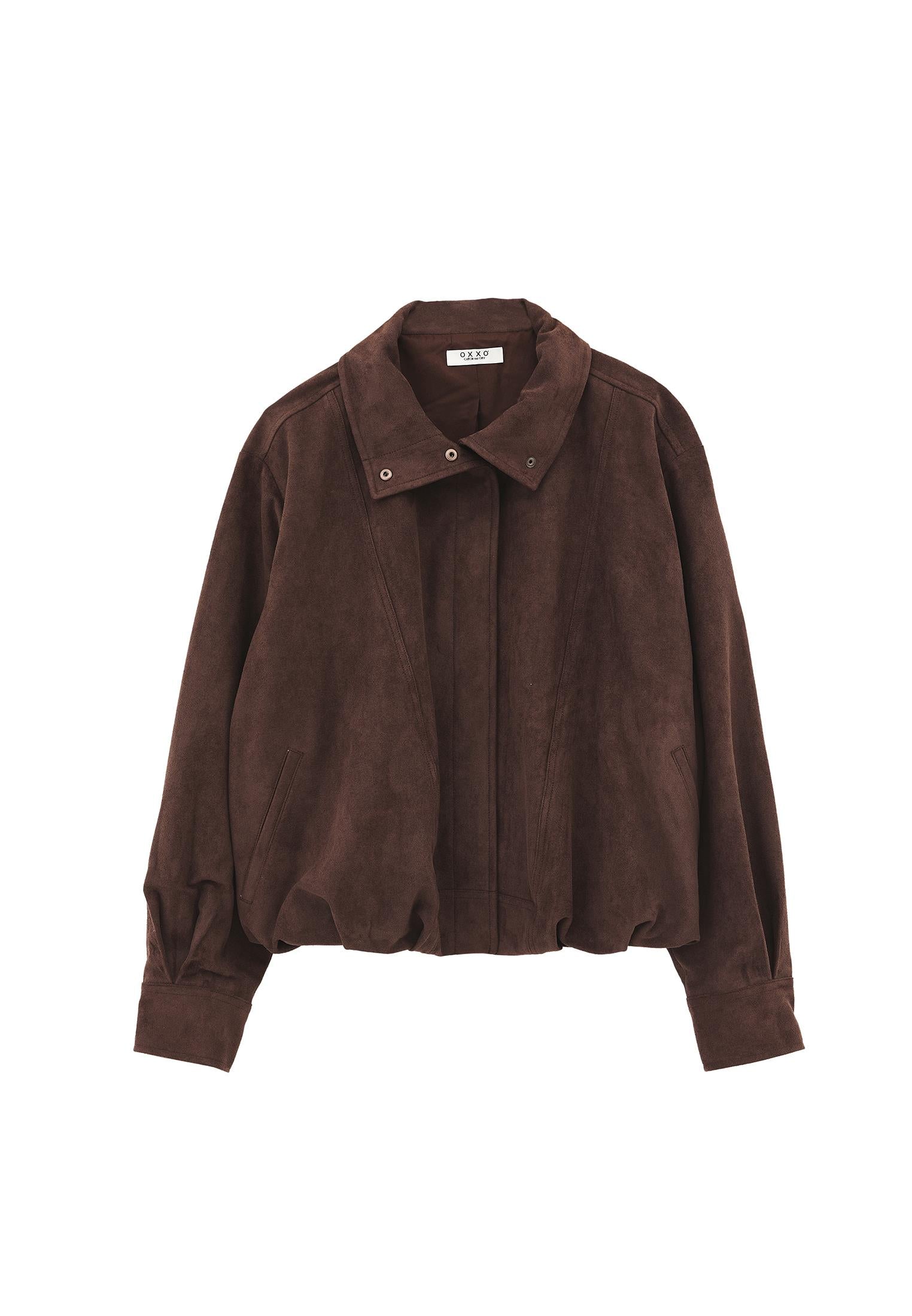 High Neck Pleated Oversize Jacket - CHICORY COFFEE