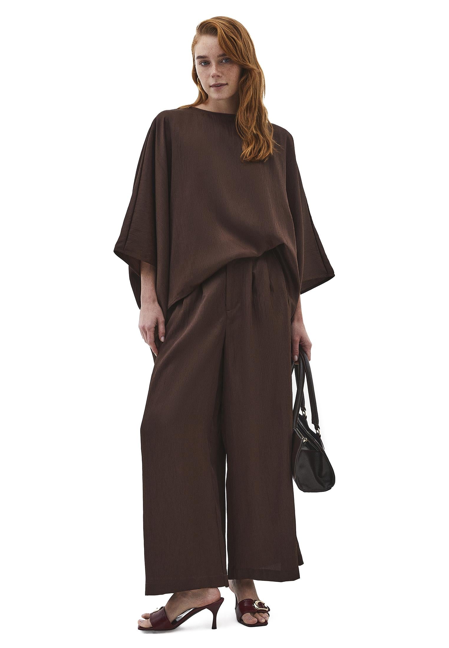 High Waist Wide Leg Pleated Pants - CHOCOLATE BROWN