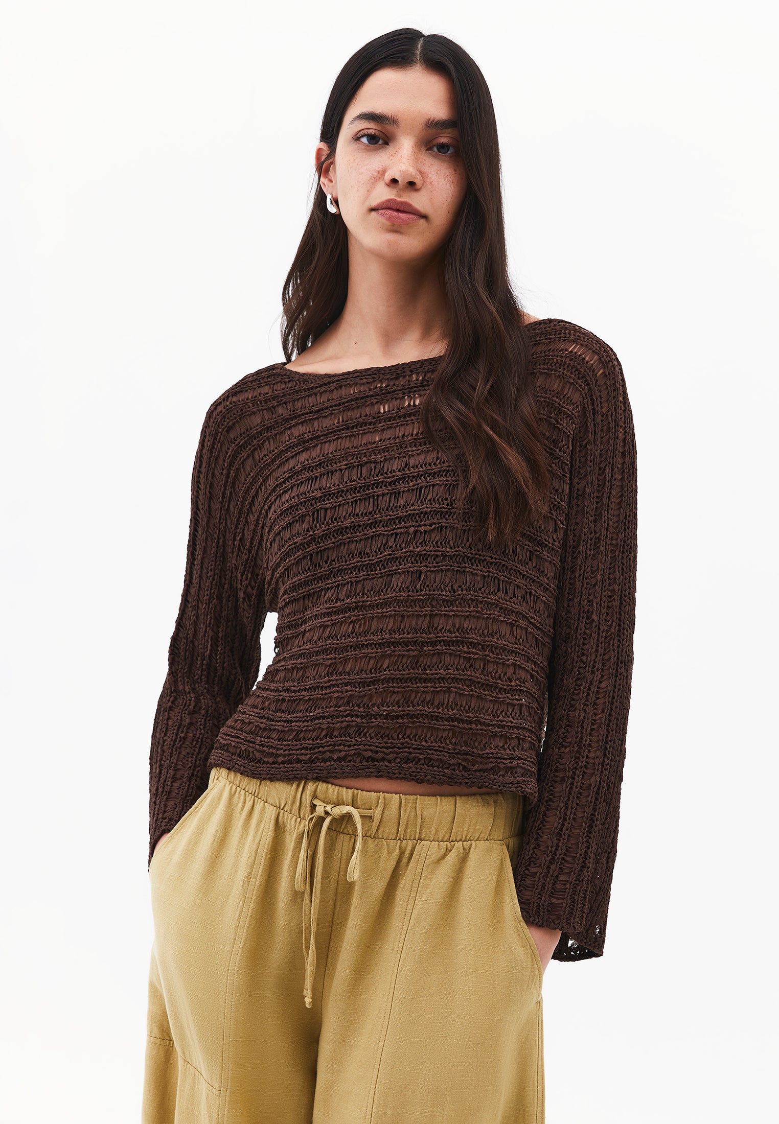 Ajour Standard Boat Neck Knit Sweater - CHOCOLATE BROWN