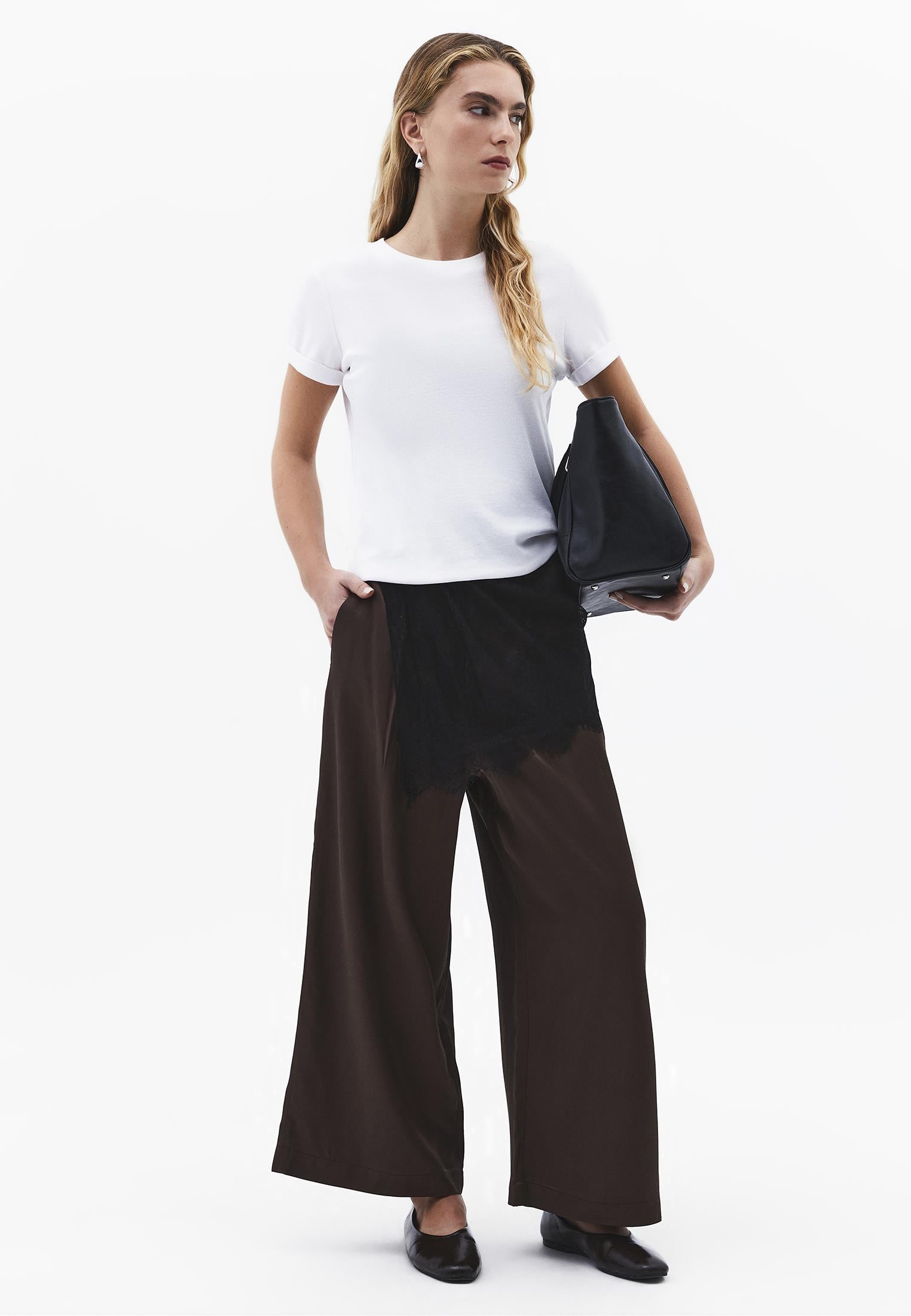 High Waist Wide Leg Loose Leg Trousers - CHOCOLATE BROWN