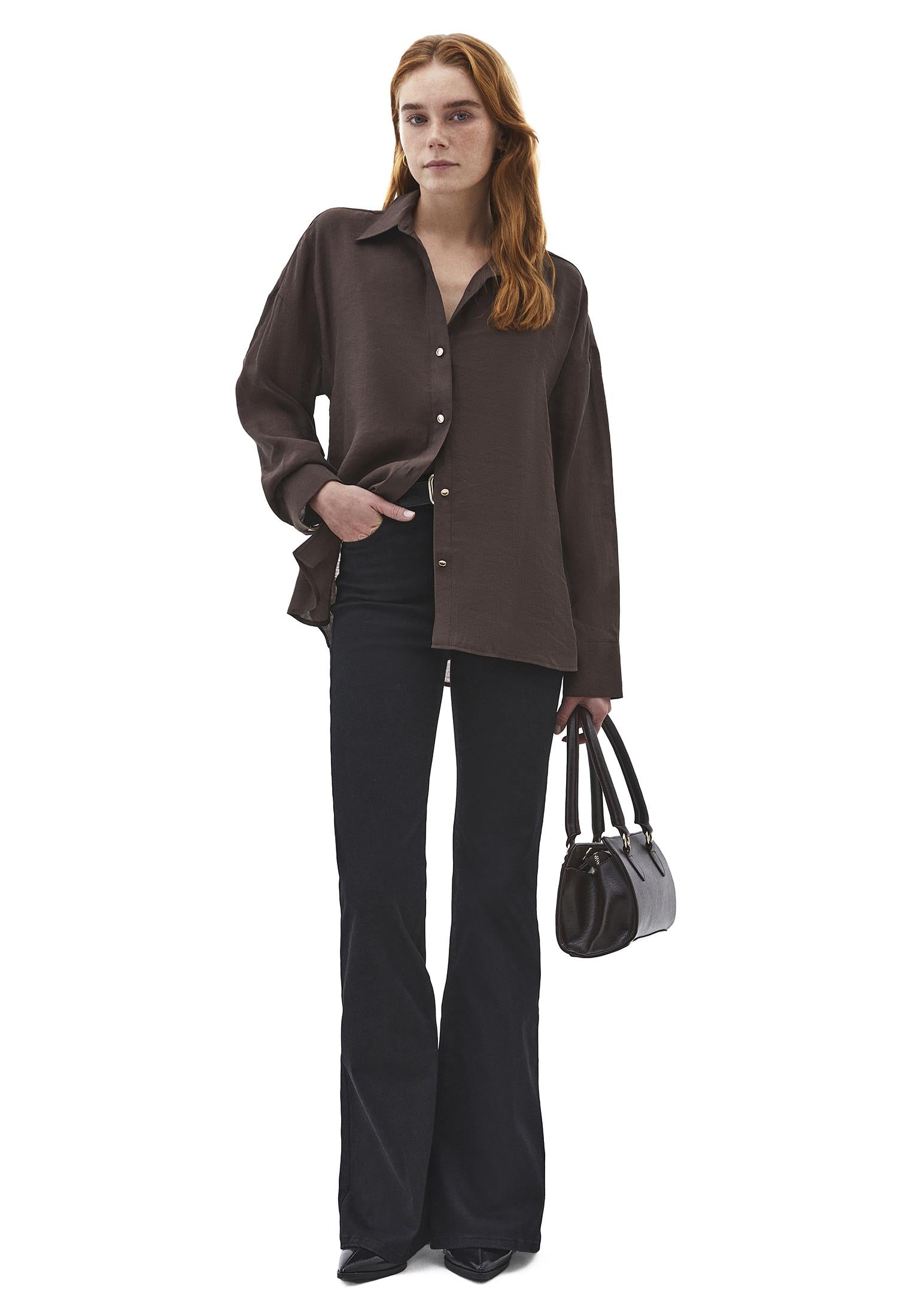 Tunic Cut Shirt With Button Details - CHOCOLATE BROWN
