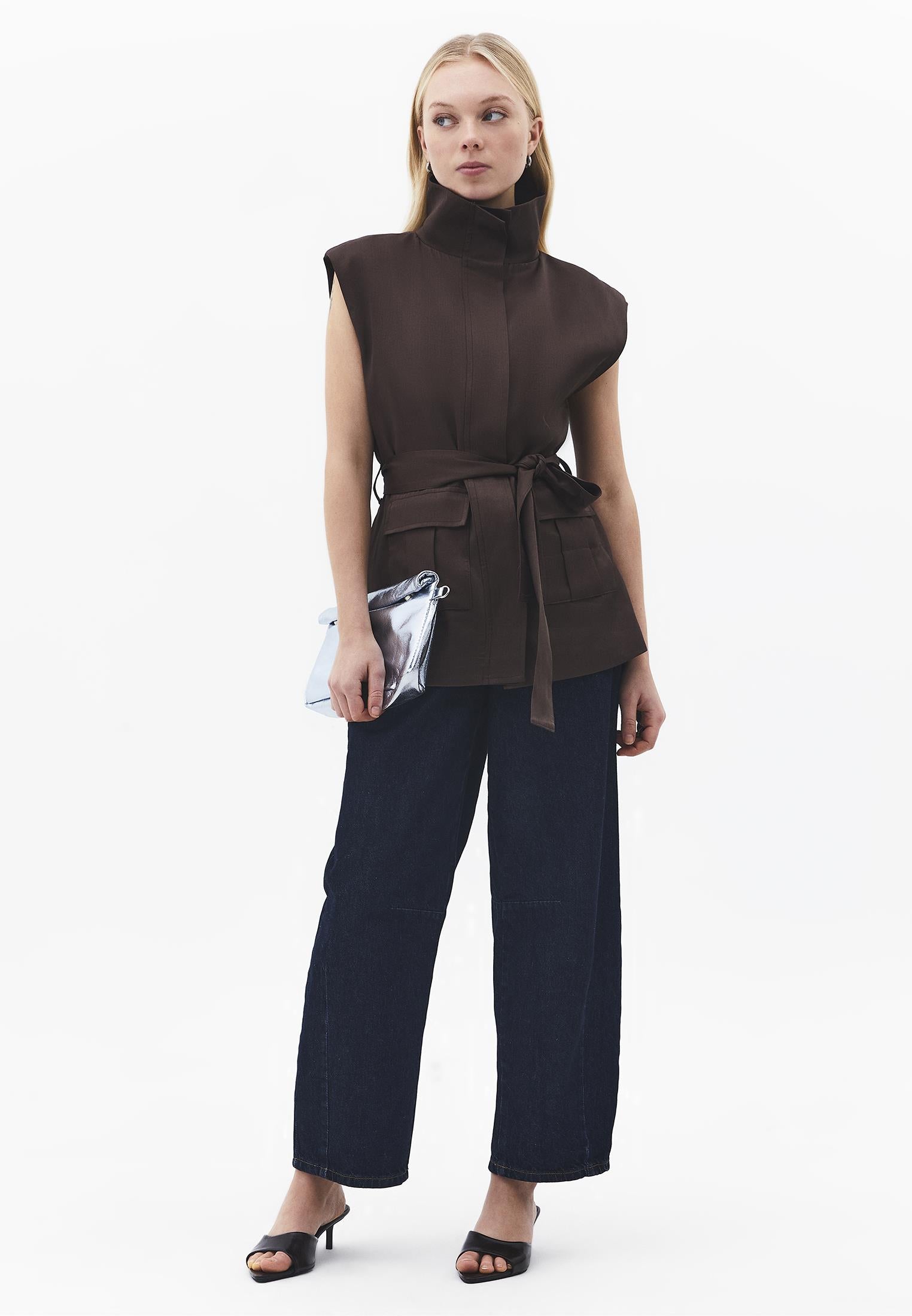 Sleeveless Cargo Vest With Turtleneck - CHOCOLATE BROWN