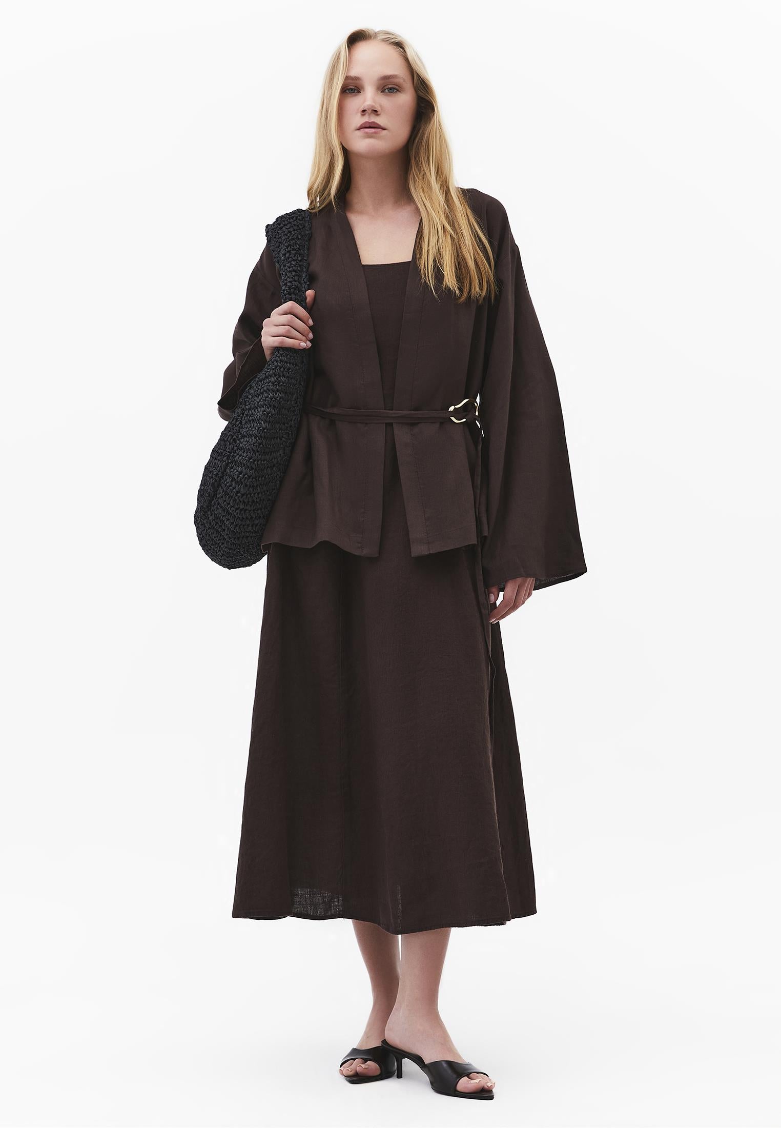 Oversize Jacket With Buckle Detail And Tie - CHOCOLATE BROWN