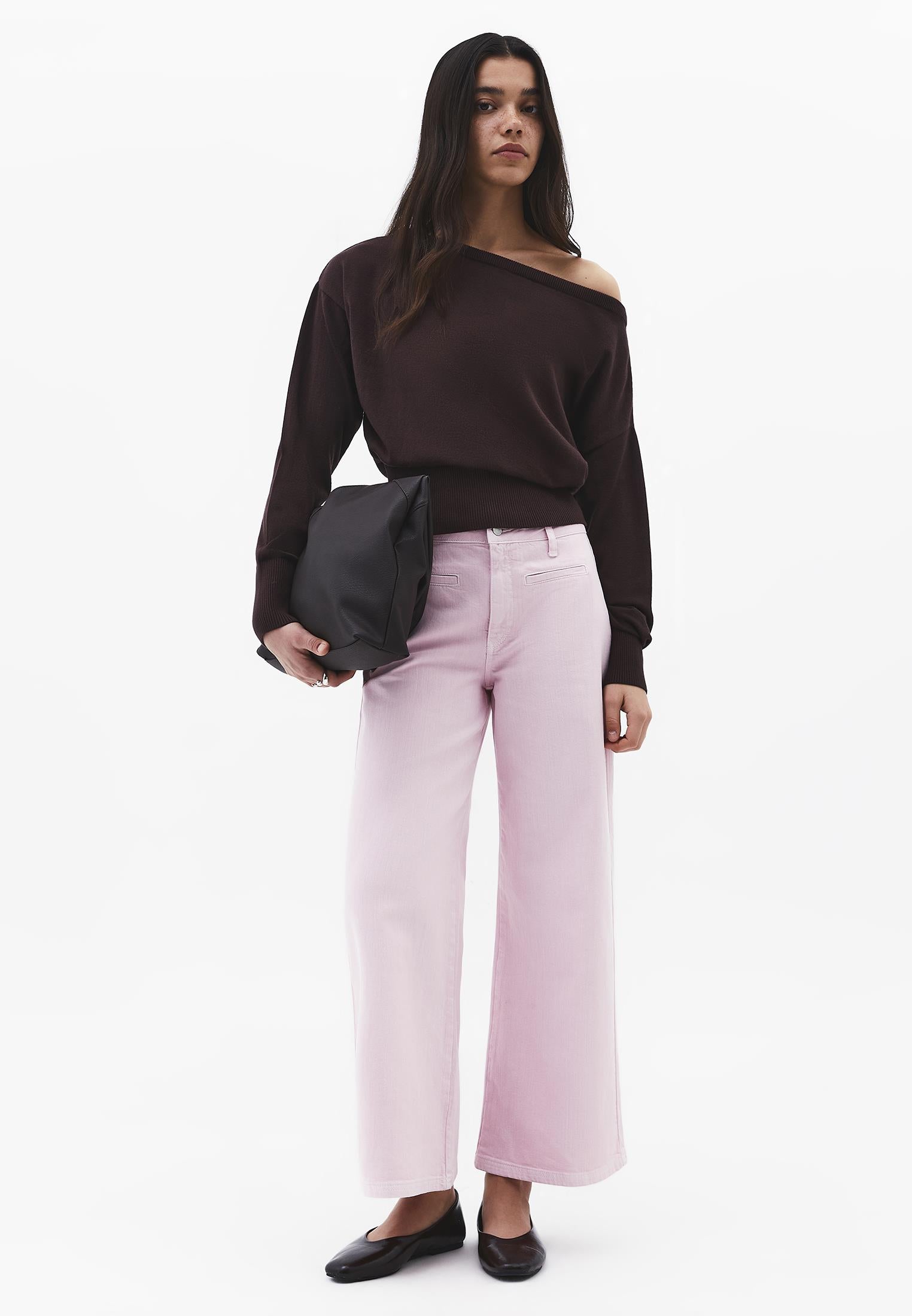 Boat Neck Long Sleeve Sweater - CHOCOLATE BROWN