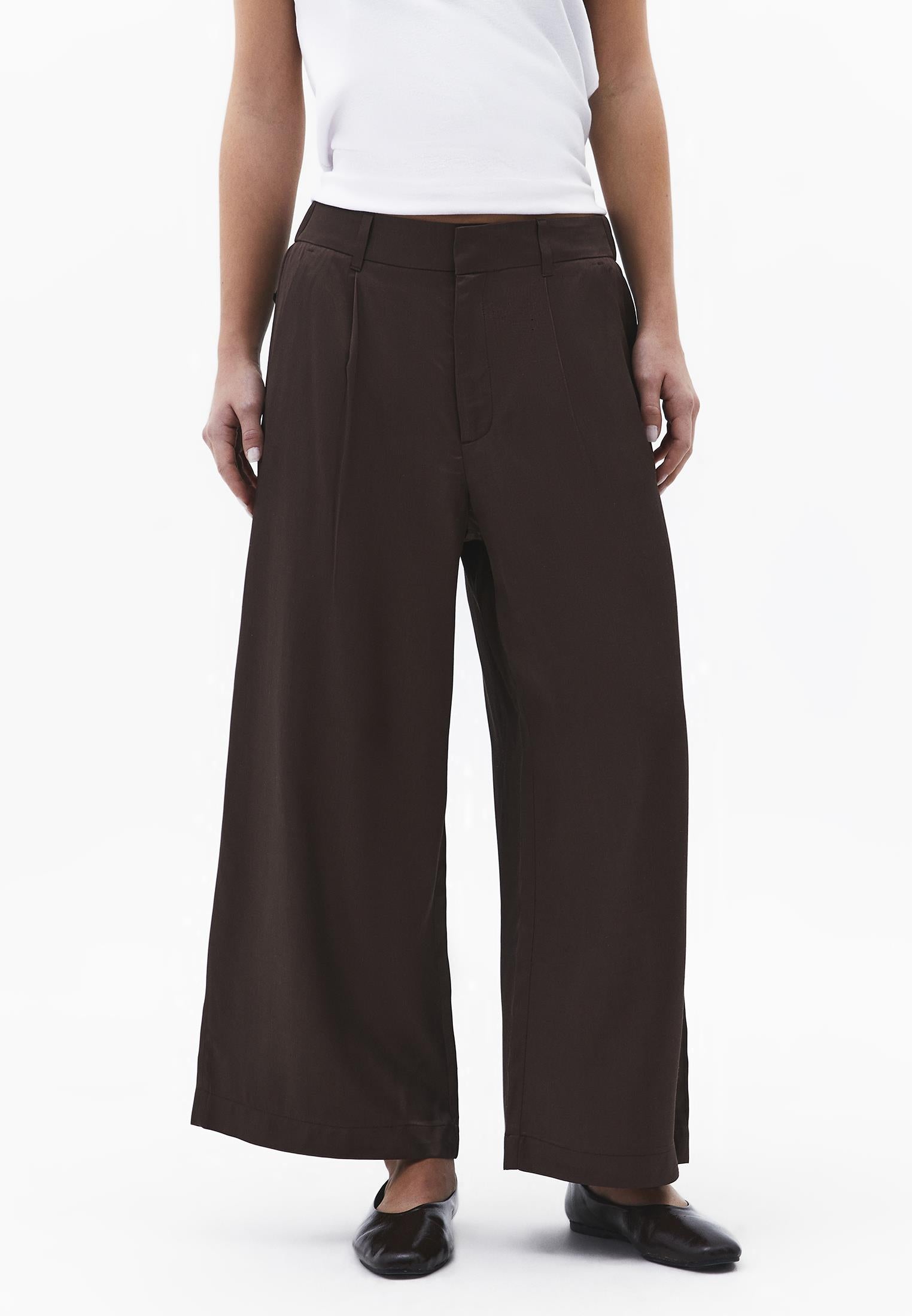 High Waist Wide Leg Loose Leg Trousers - CHOCOLATE BROWN